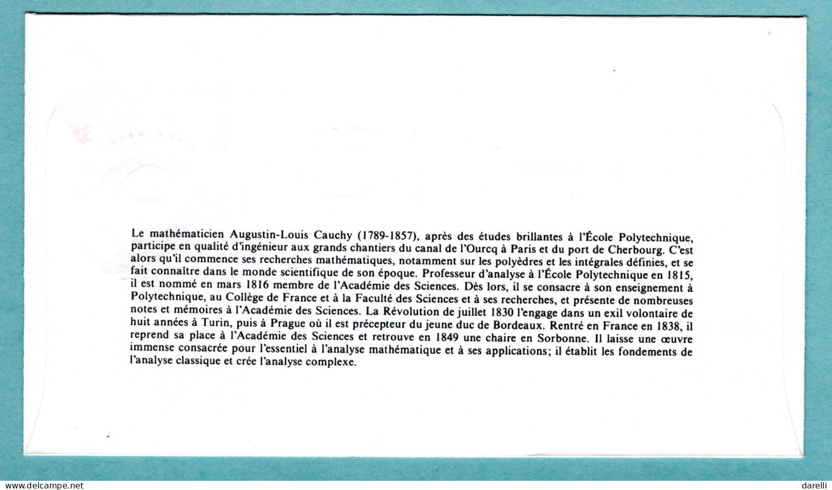 FDC France 1989 - Augustin Cauchy - Mathématicien - YT 2610 - Paris - 1980-1989
