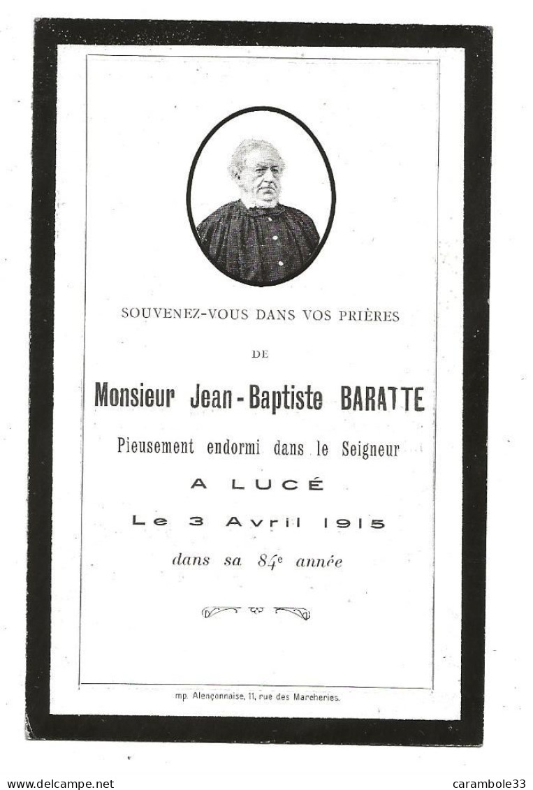 Décés  Faire Part  Monsieur Jean-Baptiste BARATTE  à LUCE  1915  à 84 Ans   (1744) - Décès