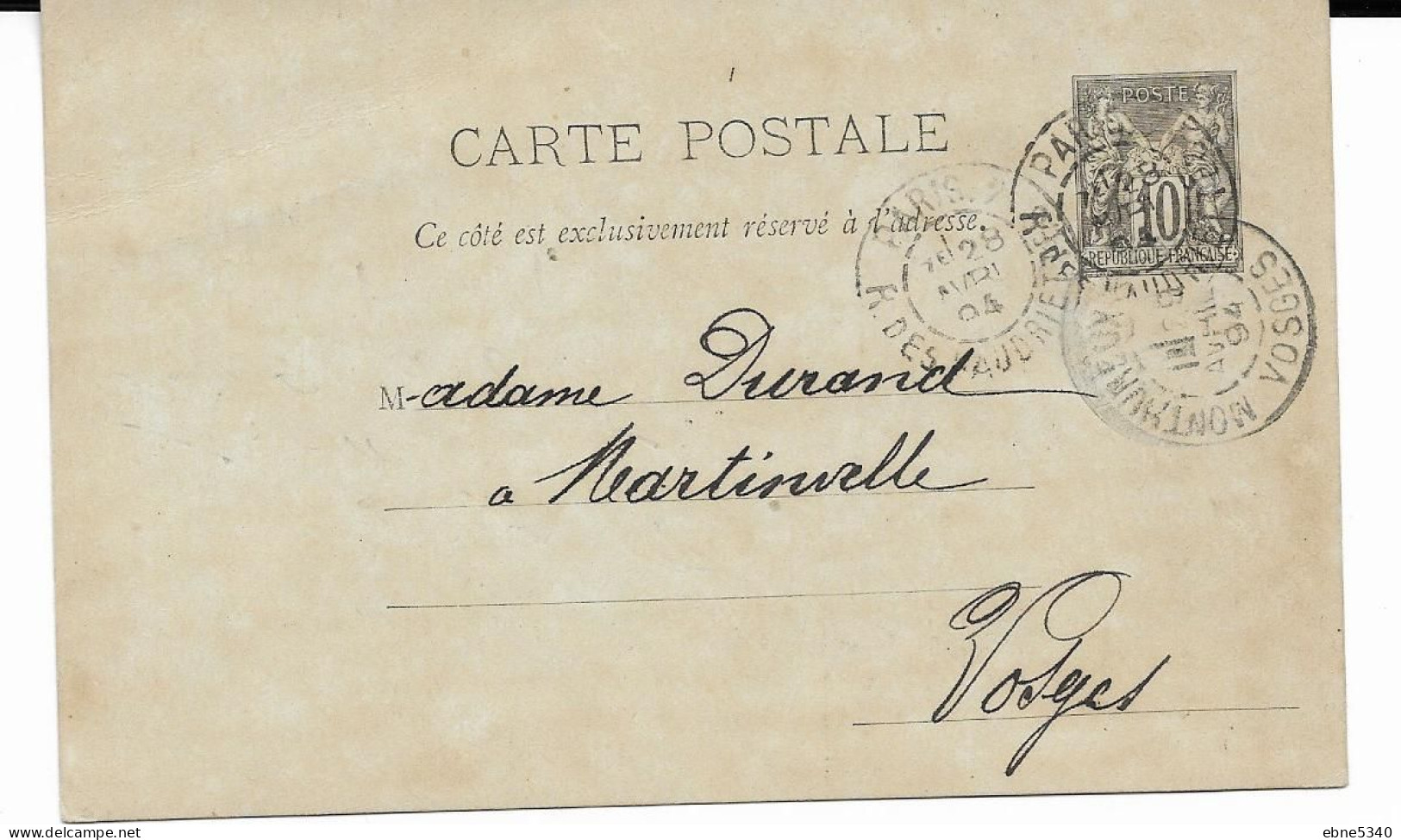 Carte Entier Postal -  Paris à Monthureux - Type Sage 10ct (n°89) N°467 - 1877-1920: Période Semi Moderne