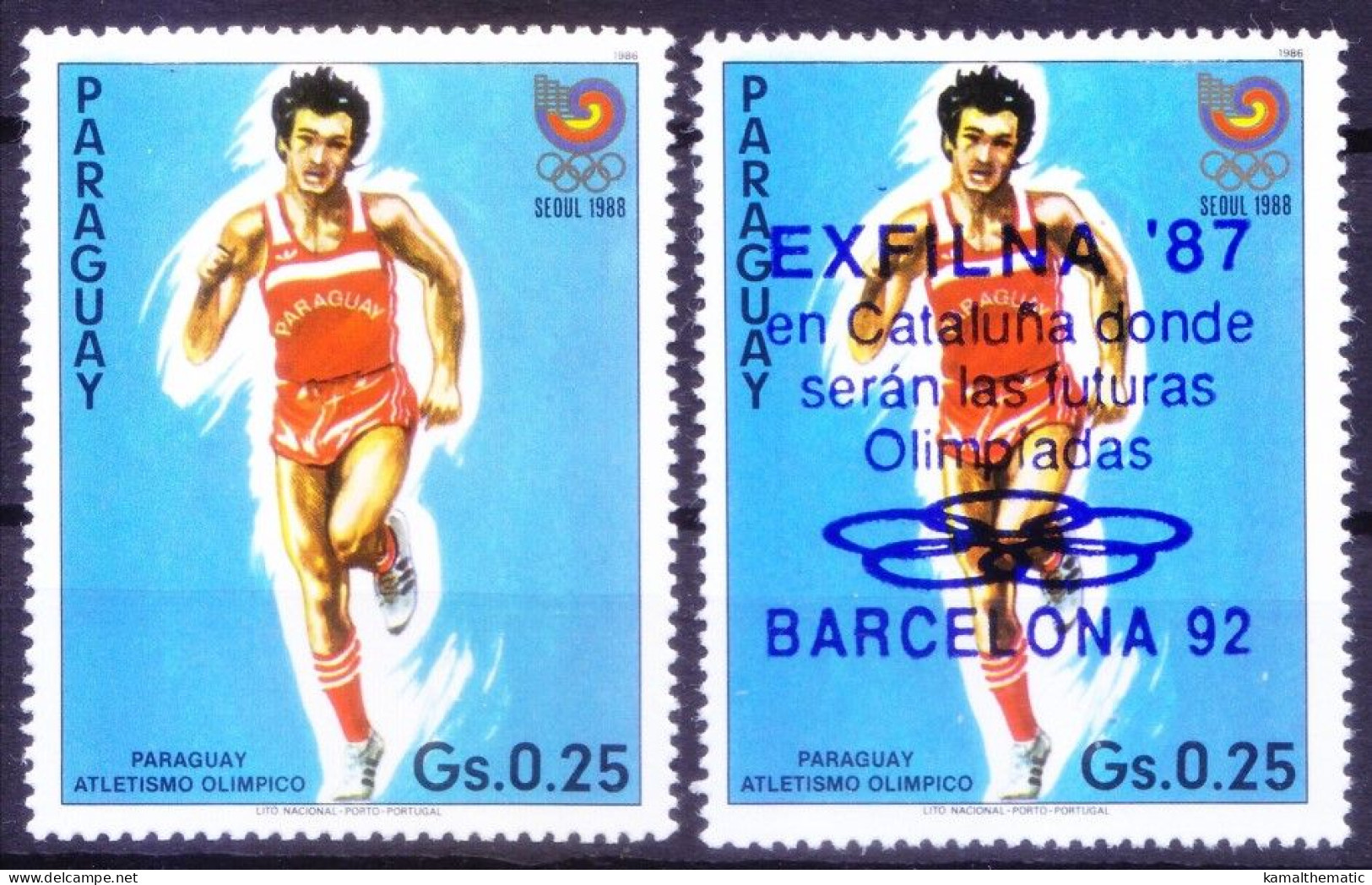 Paraguay 1987 MNH 2 Variants, Overprinted Olympic Games Athletics Sports - Ete 1992: Barcelone