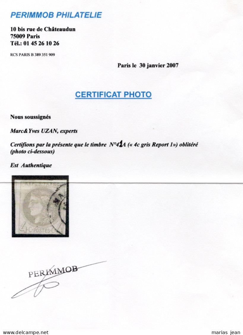 France  Numéro 41A Obl Signé Calves Et Certificat Uzan - 1870 Emission De Bordeaux