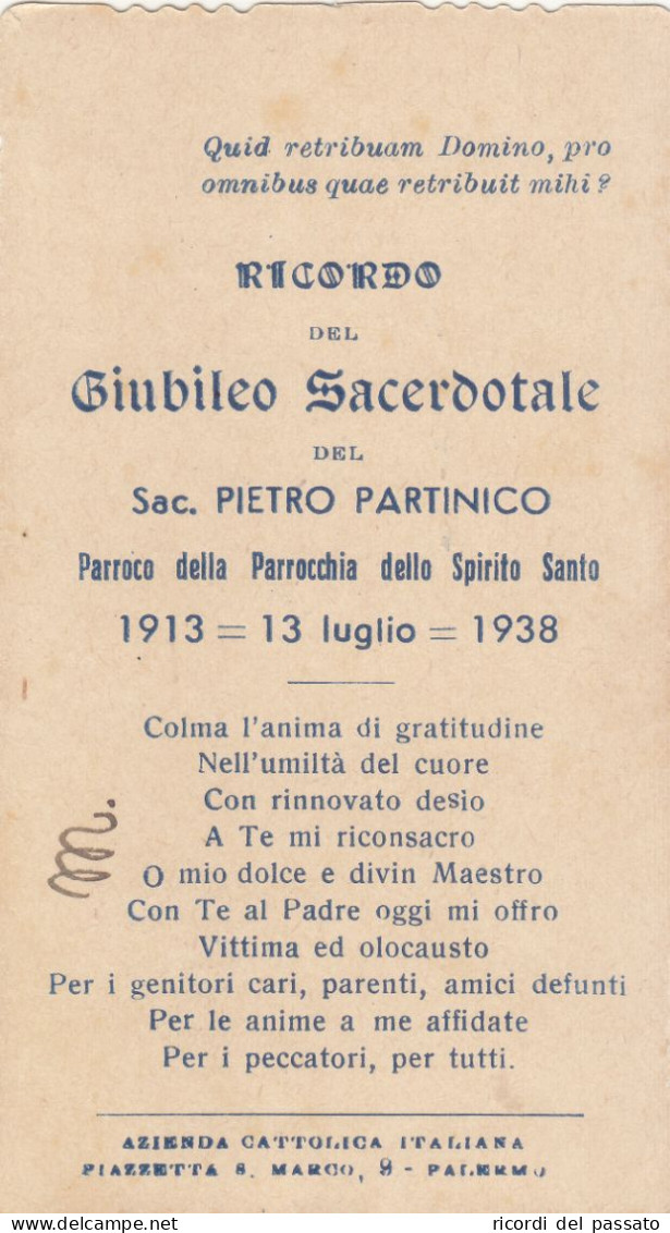 Santino Fustellato Ricordo Giubileo Sacerdotale - Palermo 1938 - Devotieprenten