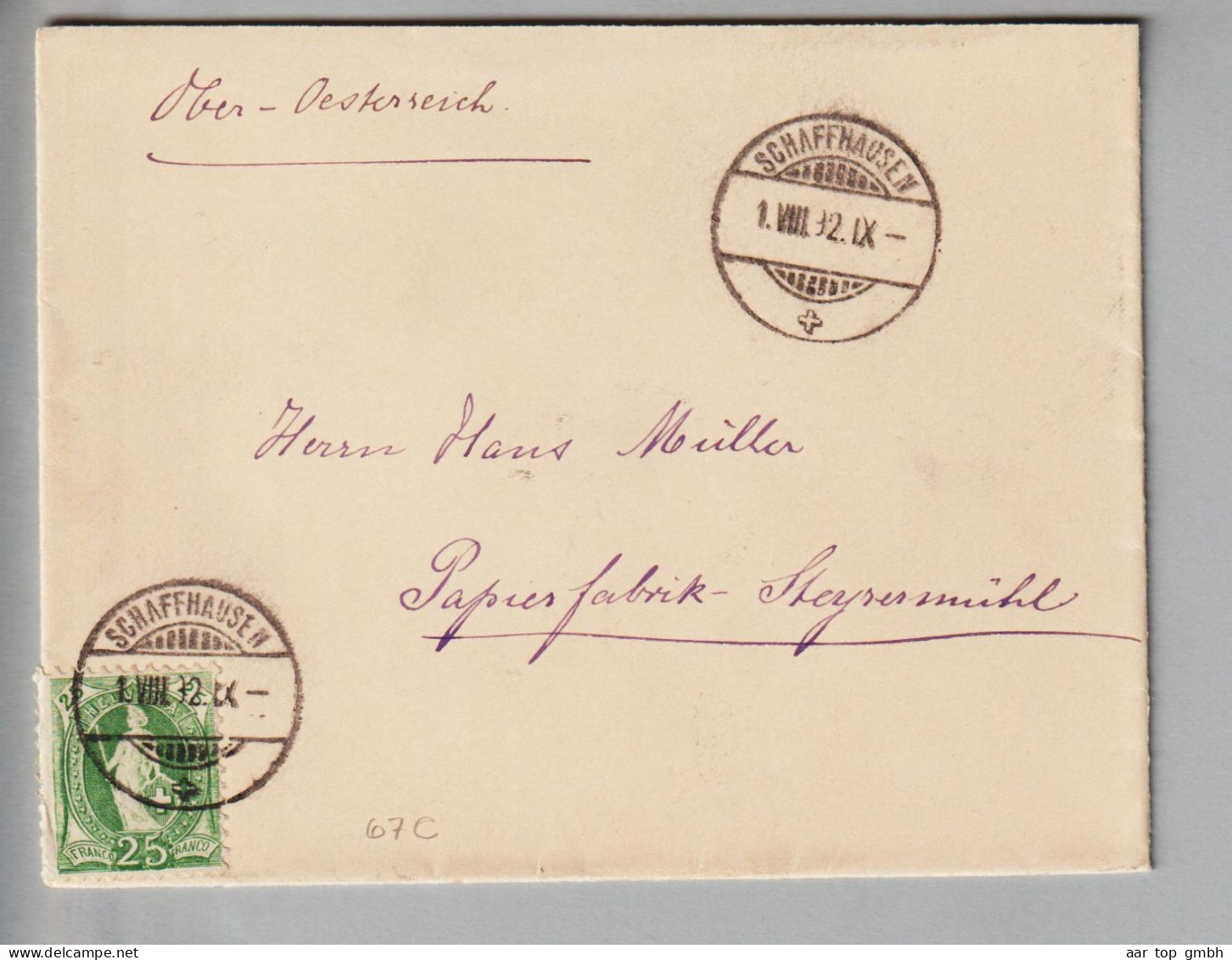 CH Heimat SH Schaffhausen 1882-08-01 Brief Nach Steyermühle Ob.Oest. 25Rp. Stehende H. SBK#67C - Covers & Documents