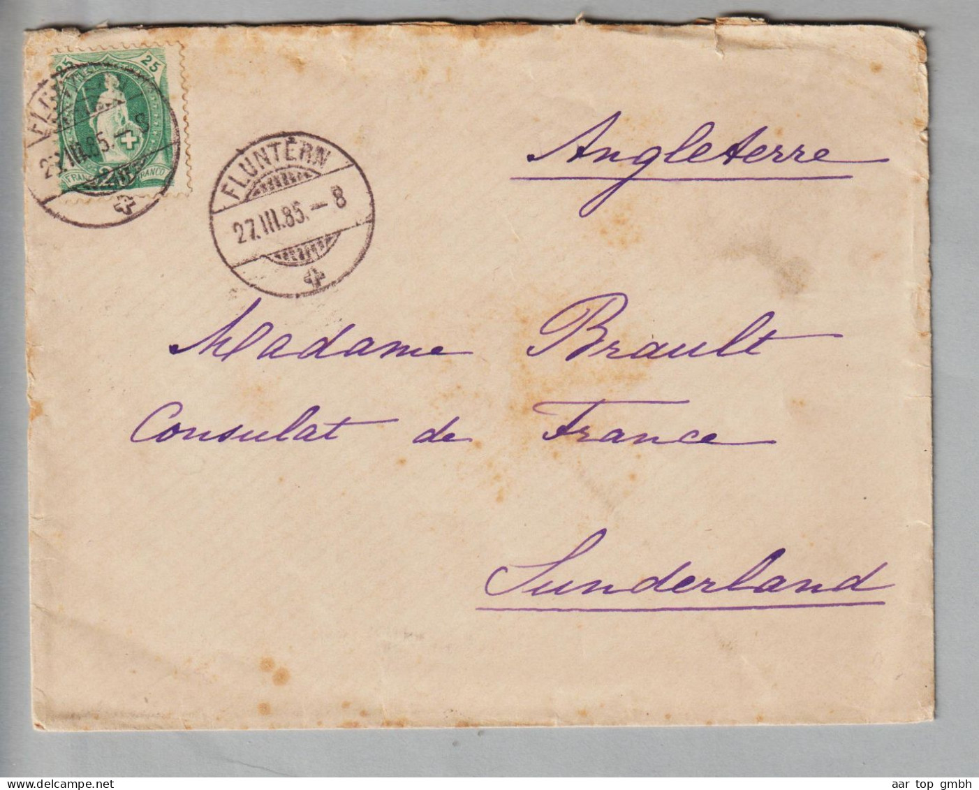 CH Heimat ZHs Fluntern 1885-03-27 Brief Nach Sunderland GB Consulat De France Mit 25Rp. Stehende H. SBK#67A - Storia Postale
