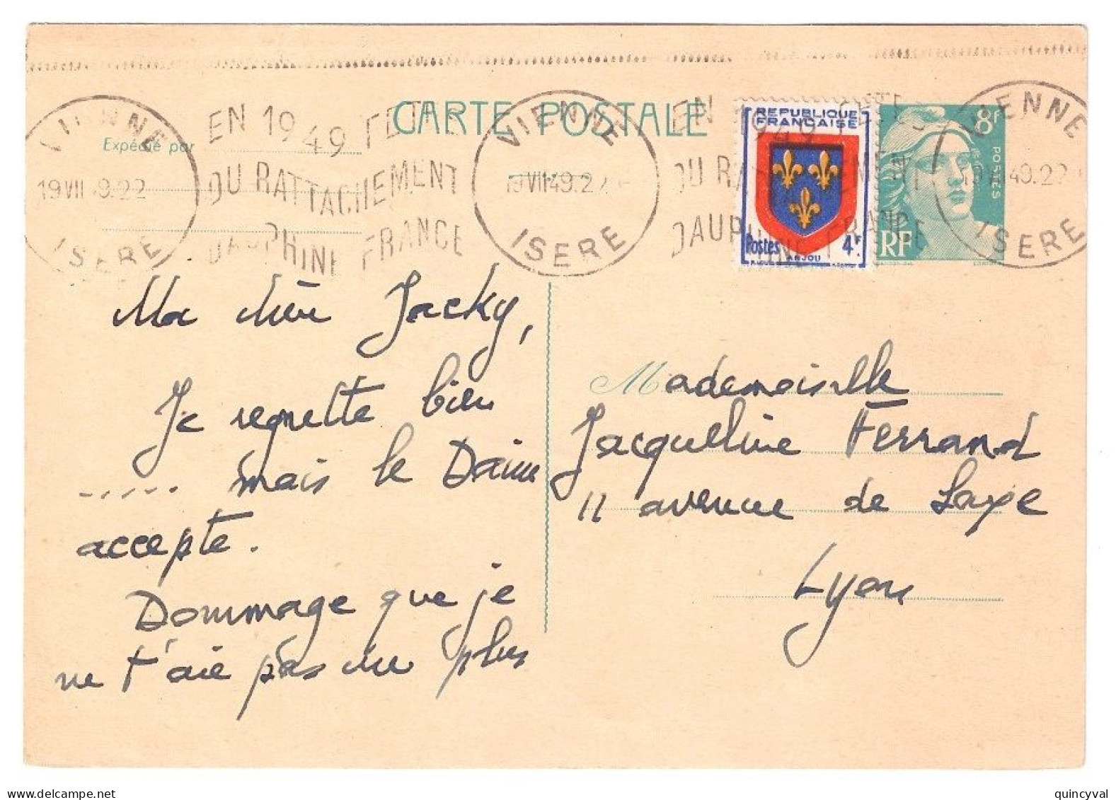 VIENNE Isère Carte Postale Entier 8F Gandon Turqoise 4F Anjou Yv 810-CP1 838 Ob 1949 Krag VIE221 Rattachement Dauphiné - Standard Postcards & Stamped On Demand (before 1995)