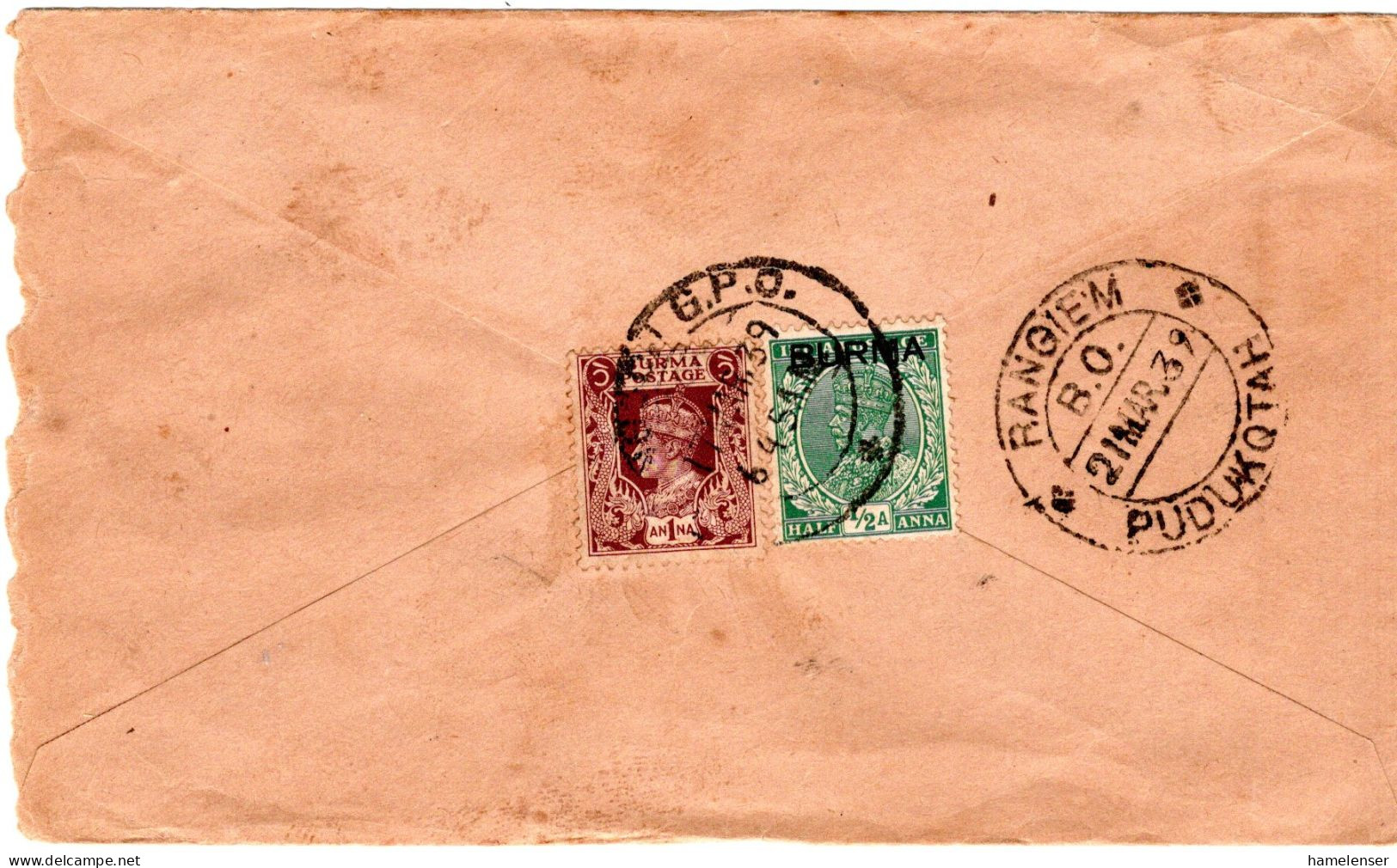 79016 - Burma - 1939 - 1A KGVI A Bf RANGOON -> RANGIEM (Indien) - Birmanie (...-1947)