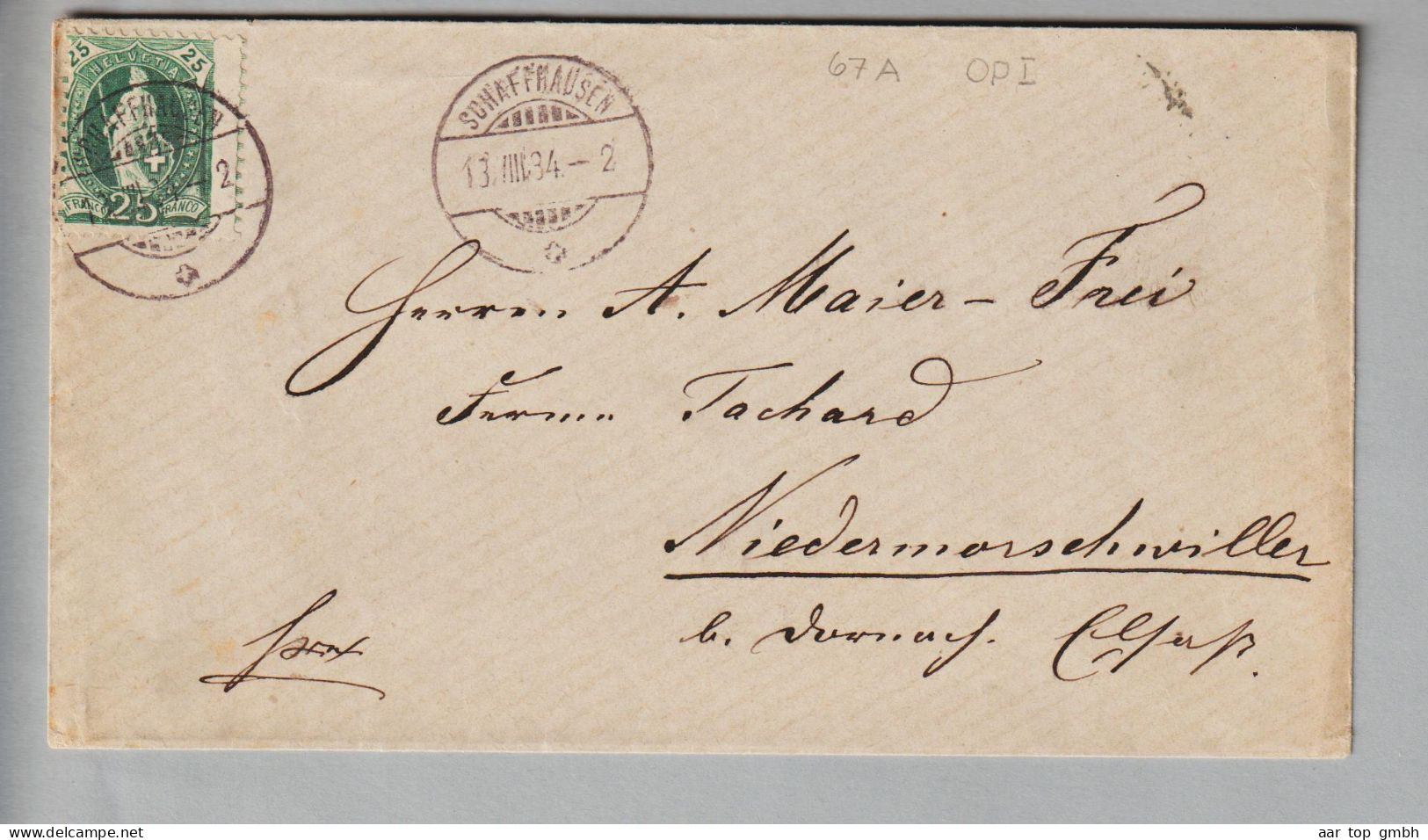 CH Heimat SH Schaffhausen 1884-08-13 Brief Nach Elsass Niedermorschweiler Mit Stehende H. SBK#67A - Lettres & Documents