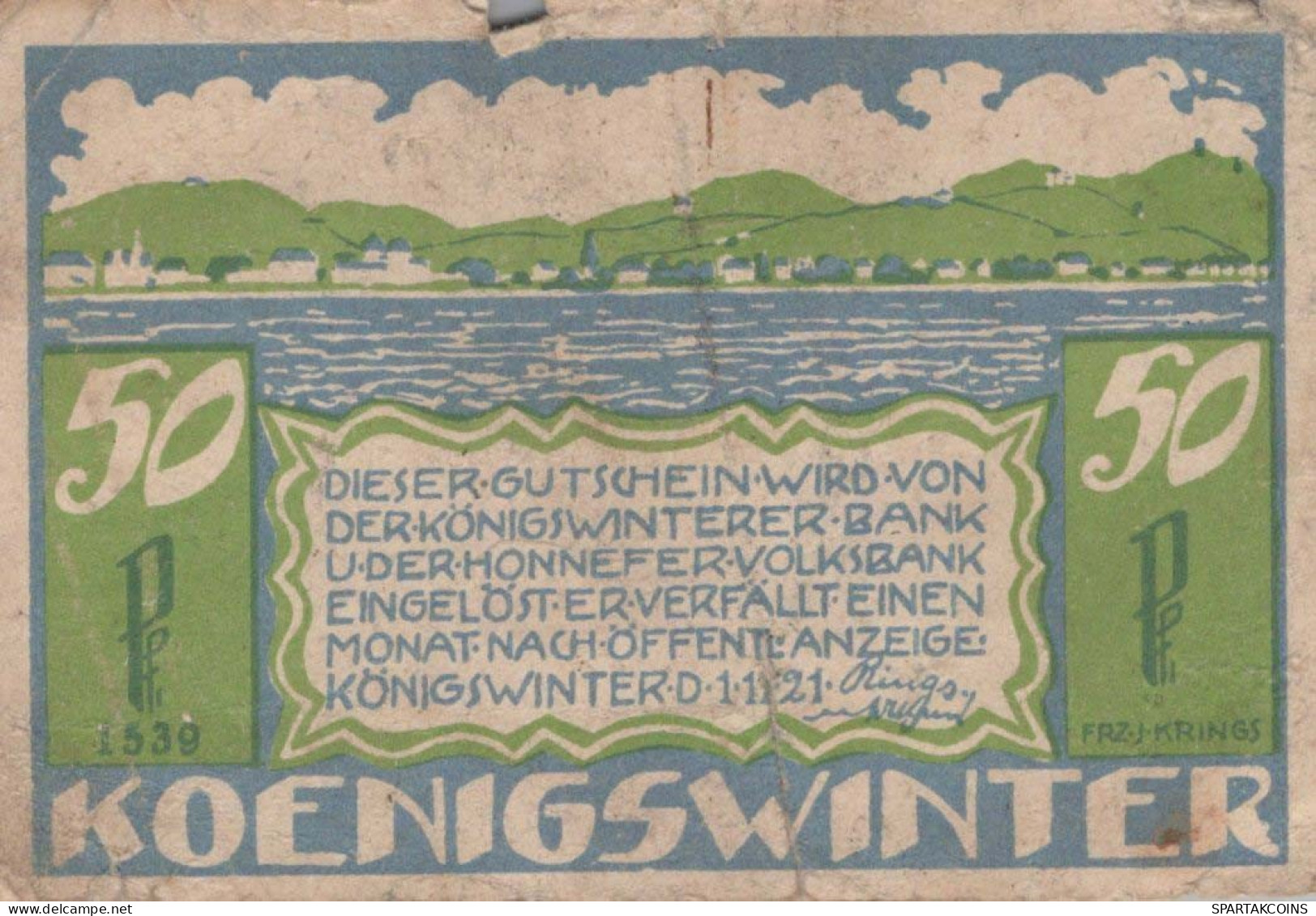 50 PFENNIG 1921 Stadt KoNIGSWINTER Rhine UNC DEUTSCHLAND Notgeld Banknote #PH223 - [11] Local Banknote Issues