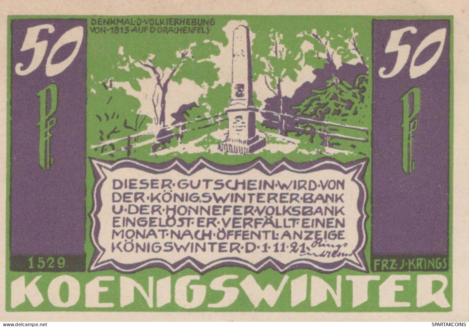 50 PFENNIG 1921 Stadt KoNIGSWINTER Rhine UNC DEUTSCHLAND Notgeld Banknote #PI642 - [11] Local Banknote Issues