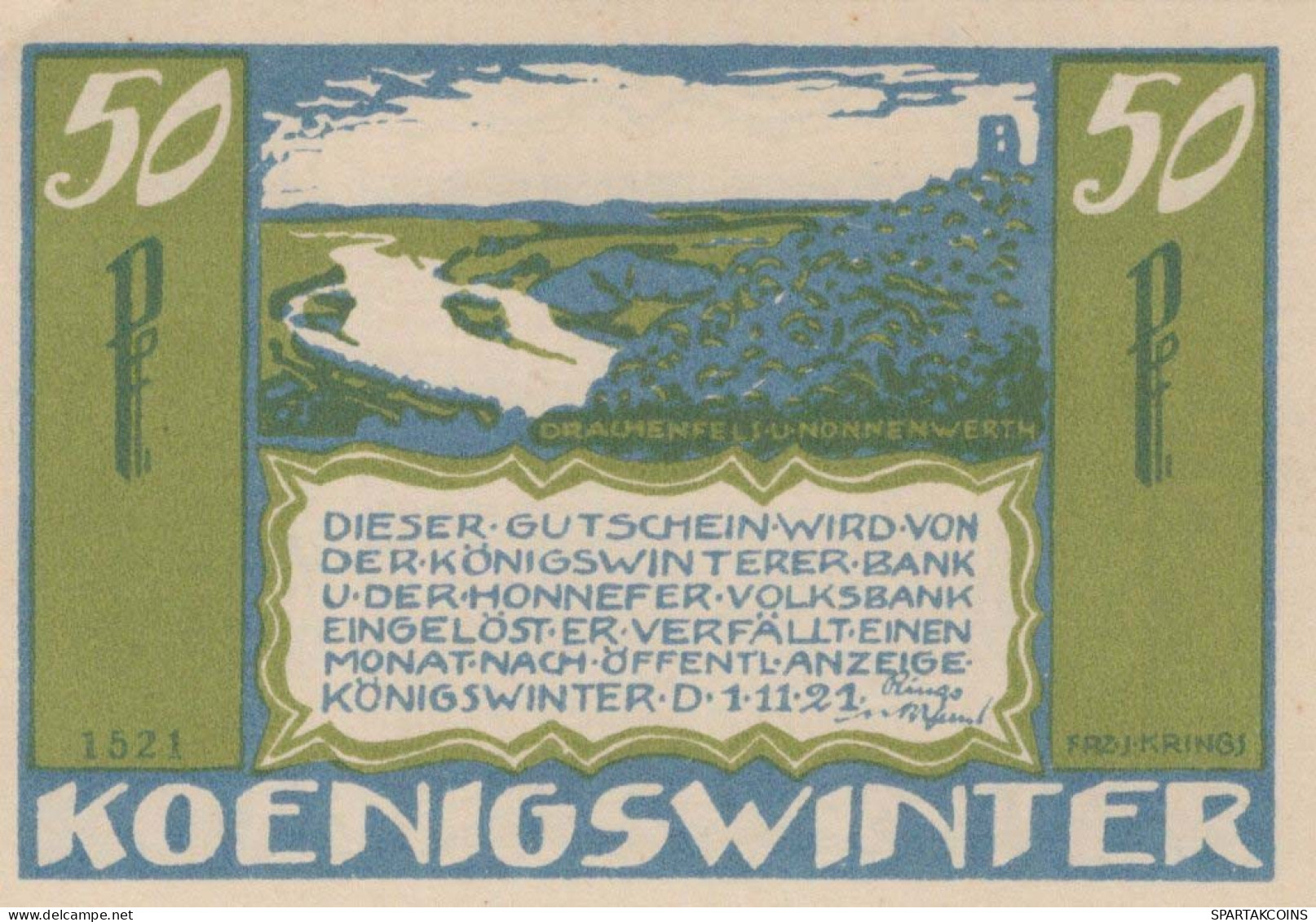 50 PFENNIG 1921 Stadt KoNIGSWINTER Rhine DEUTSCHLAND Notgeld Banknote #PF967 - [11] Local Banknote Issues