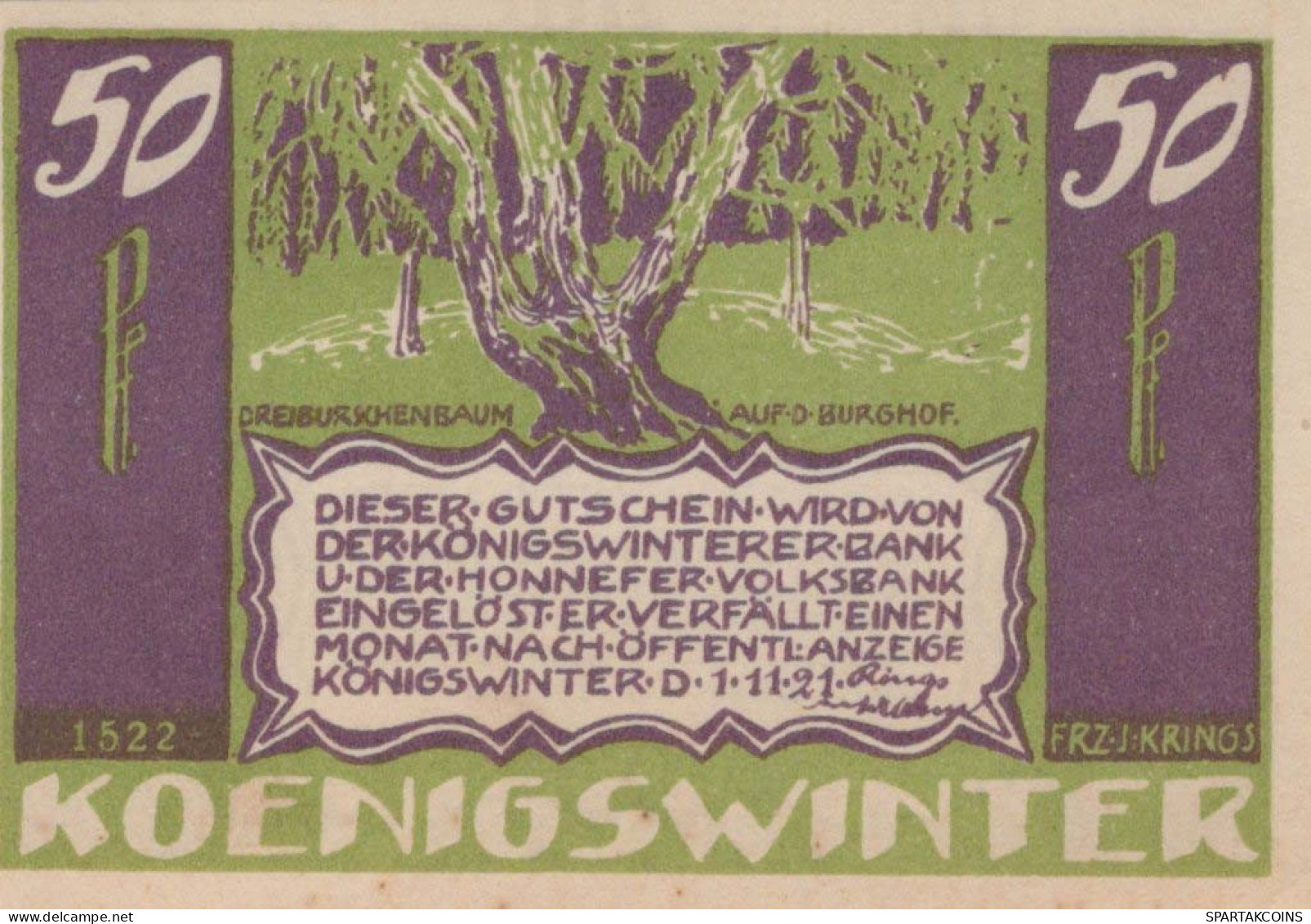 50 PFENNIG 1921 Stadt KoNIGSWINTER Rhine DEUTSCHLAND Notgeld Banknote #PF867 - [11] Local Banknote Issues