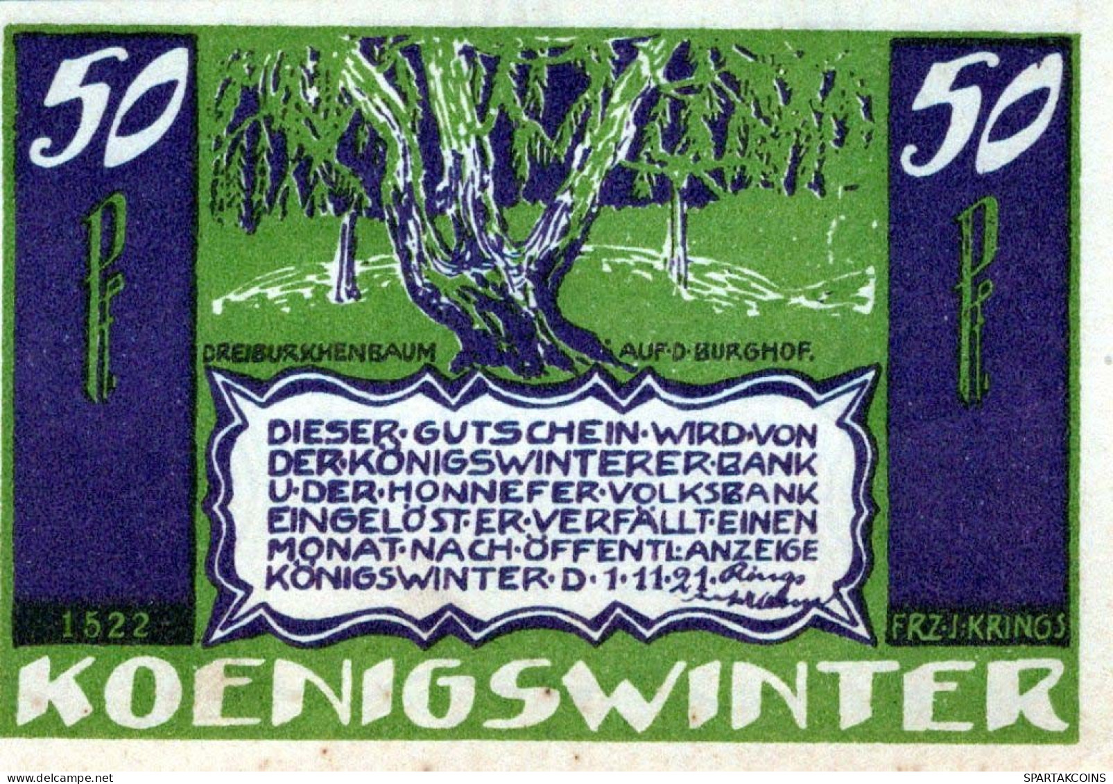 50 PFENNIG 1921 Stadt KoNIGSWINTER Rhine DEUTSCHLAND Notgeld Banknote #PF867 - [11] Local Banknote Issues