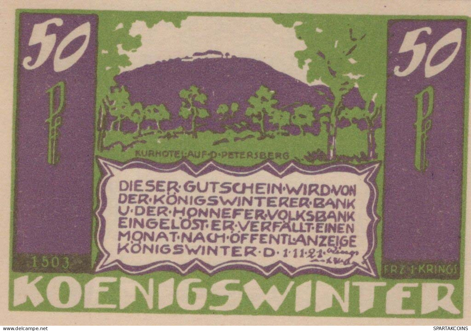 50 PFENNIG 1921 Stadt KoNIGSWINTER Rhine DEUTSCHLAND Notgeld Banknote #PF862 - [11] Local Banknote Issues