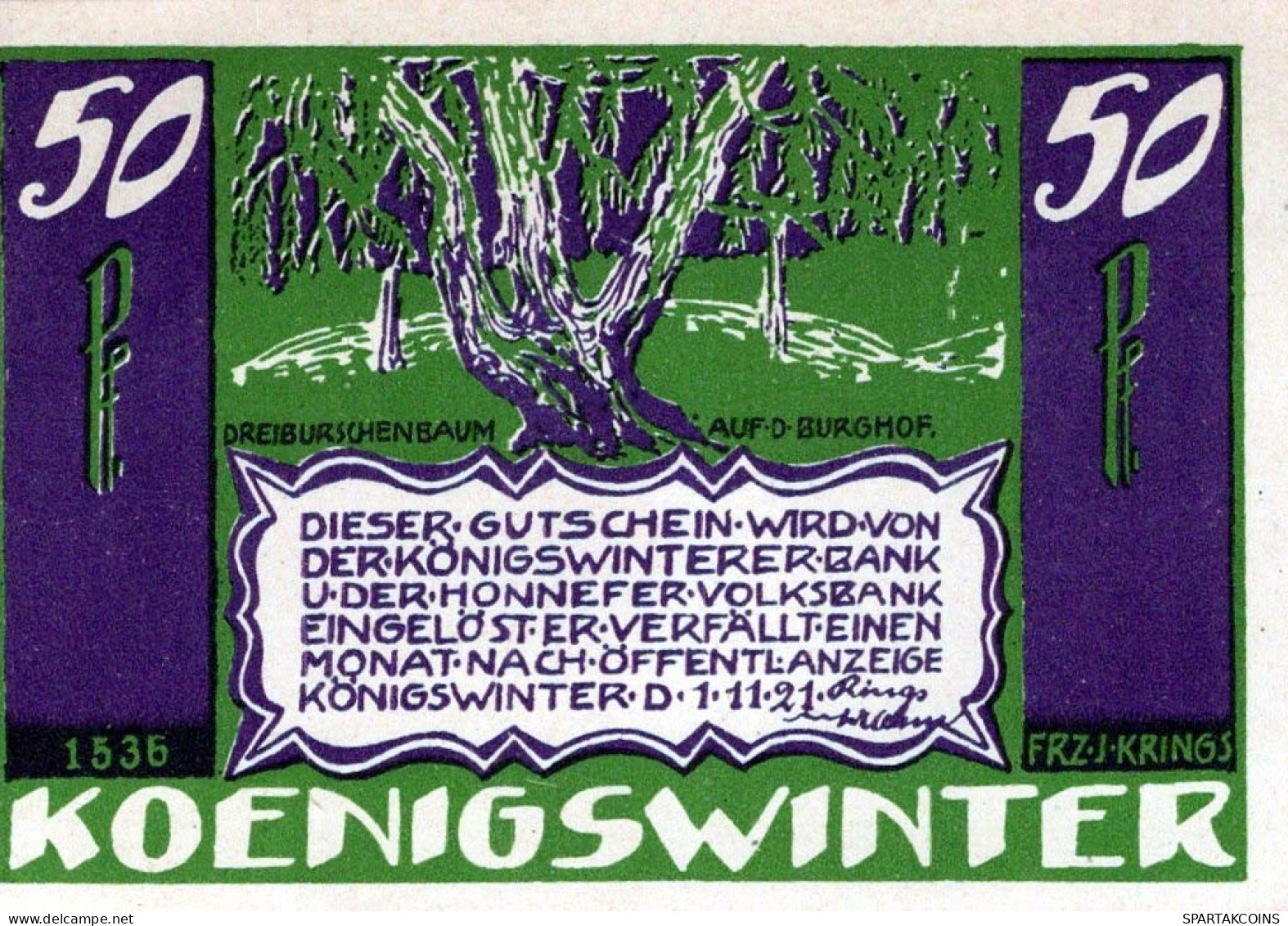 50 PFENNIG 1921 Stadt KoNIGSWINTER Rhine DEUTSCHLAND Notgeld Banknote #PF569 - [11] Local Banknote Issues
