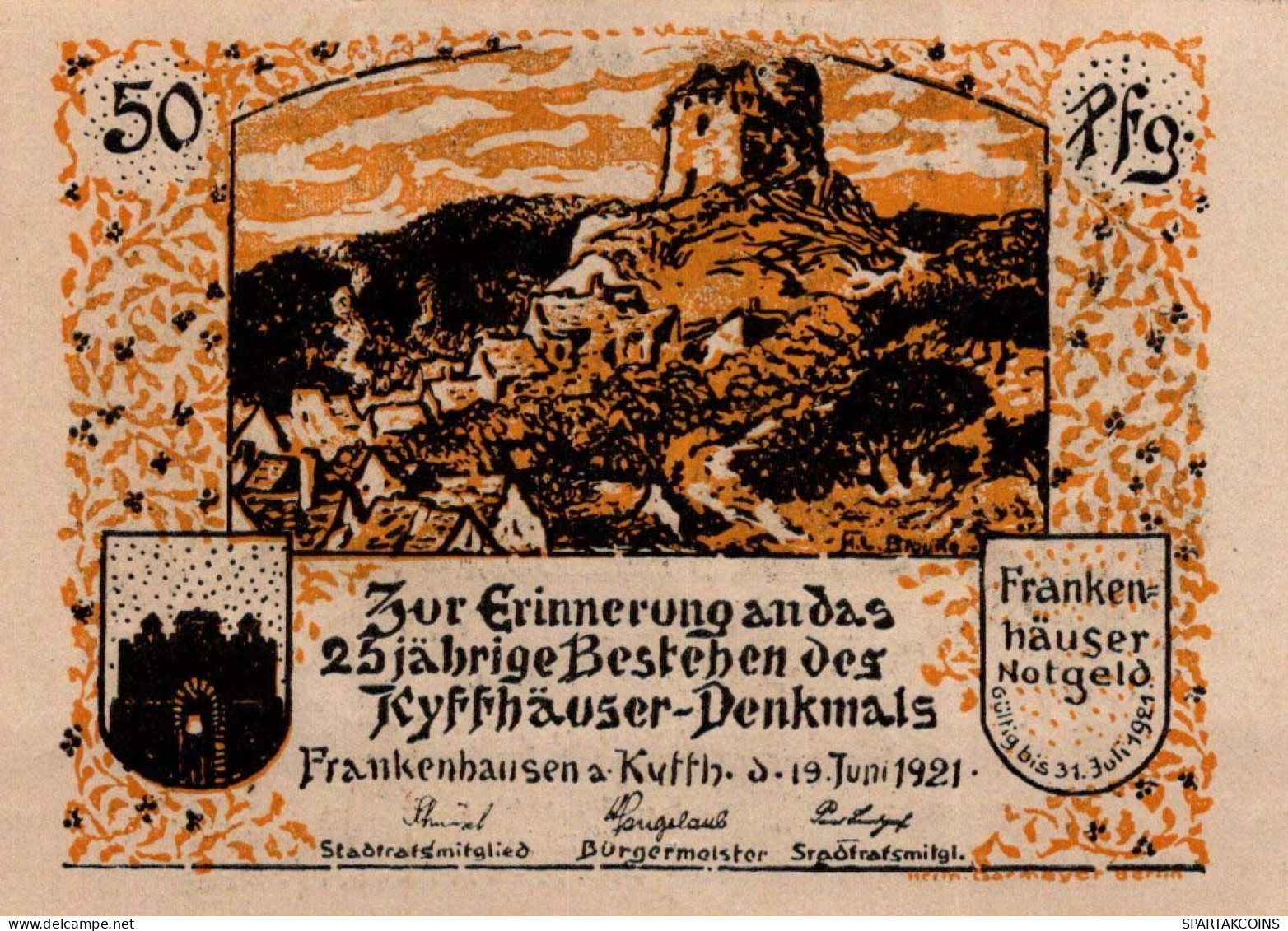 50 PFENNIG 1921 Stadt FRANKENHAUSEN Thuringia UNC DEUTSCHLAND Notgeld #PH692 - Lokale Ausgaben