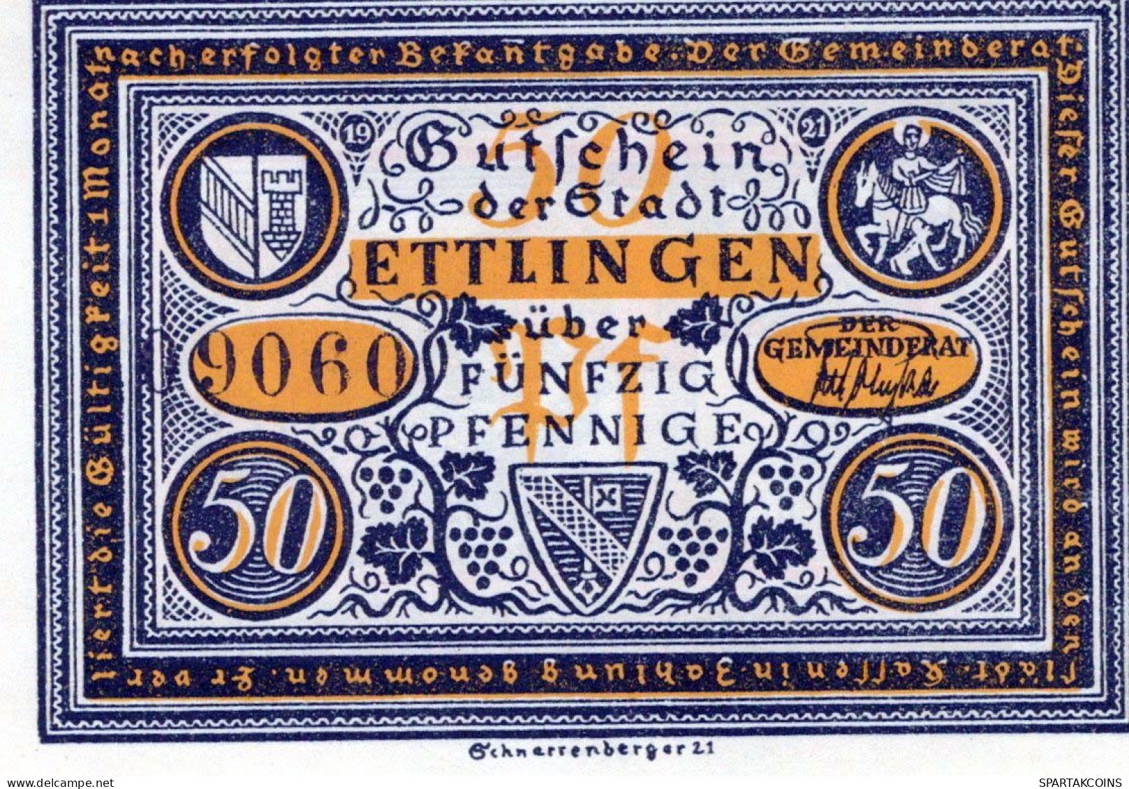 50 PFENNIG 1921 Stadt ETTLINGEN Baden UNC DEUTSCHLAND Notgeld Banknote #PB383 - Lokale Ausgaben