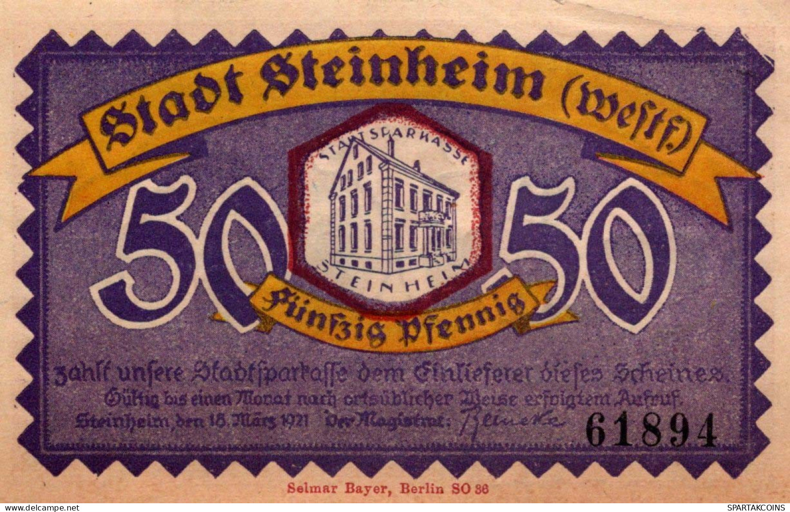 50 PFENNIG 1921 Stadt STEINHEIM IN WESTFALEN Westphalia DEUTSCHLAND #PF575 - Lokale Ausgaben