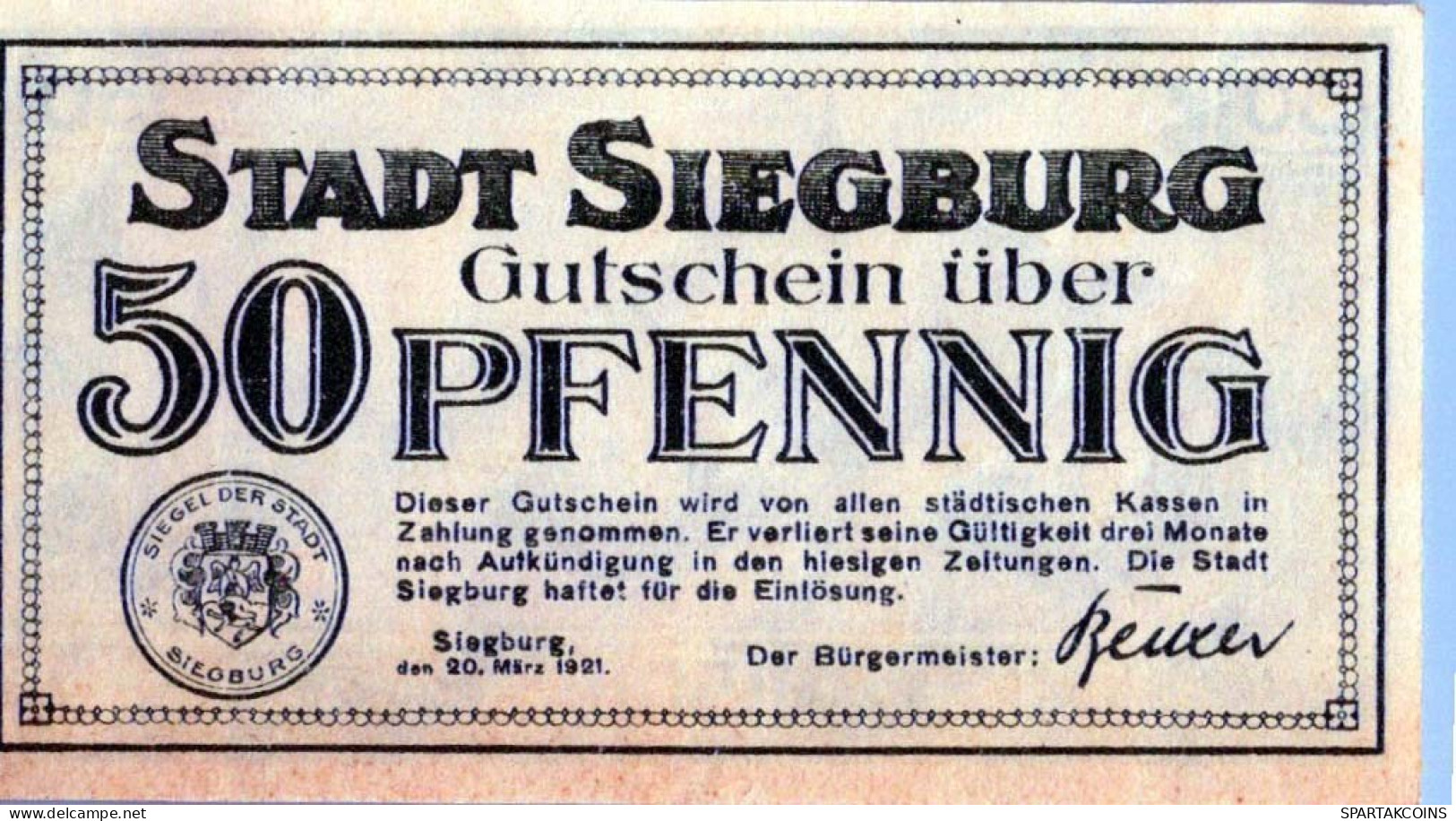 50 PFENNIG 1921 Stadt SIEGBURG Rhine DEUTSCHLAND Notgeld Banknote #PG046 - Lokale Ausgaben