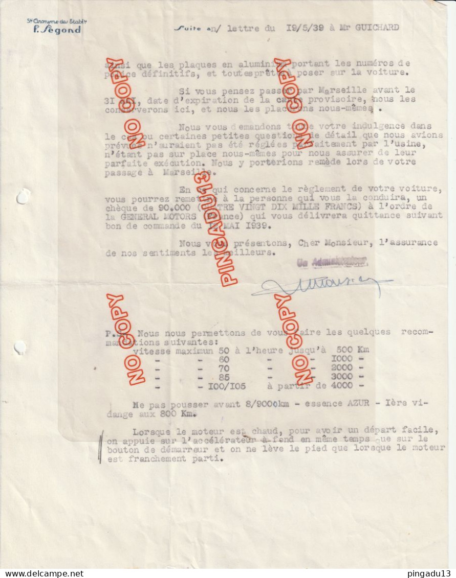 Archive Achat Voiture Ancienne Cadillac Guichard Casino Saint-Etienne Segond Marseille Timbre Fiscal Année 1939 - Cars