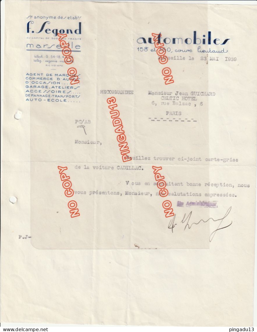Archive achat voiture ancienne Cadillac Guichard Casino Saint-Etienne Segond Marseille timbre fiscal année 1939