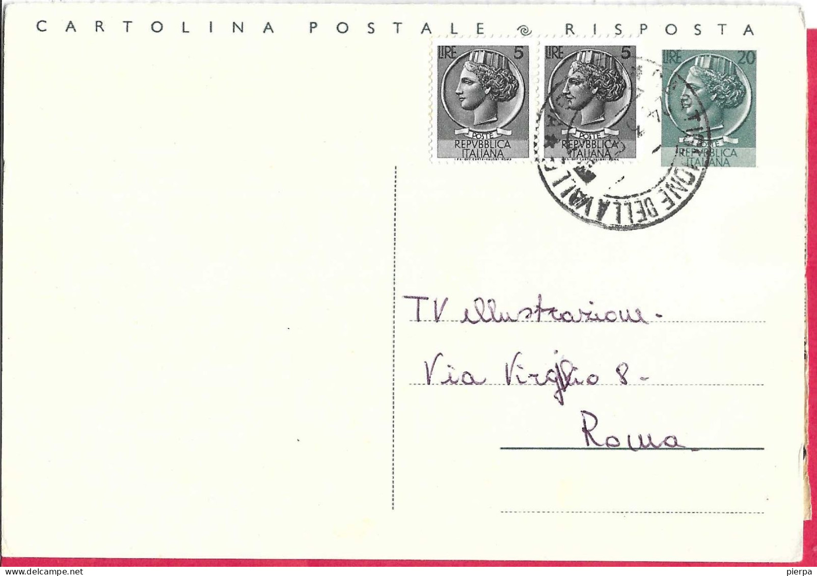 ANNULLO DCG "CASTIGLIONE DELLA VALLE*24.3.67*/PERUGIA" SU INTERO CARTOLINA POSTALE SIRACUSANA L.20 (RISPOSTA) - 1961-70: Marcophilia