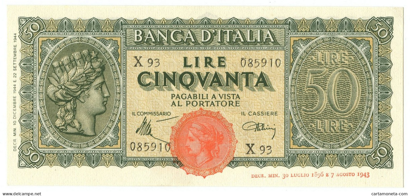 50 LIRE ITALIA TURRITA TESTINA 10/12/1944 SUP+ - Sonstige