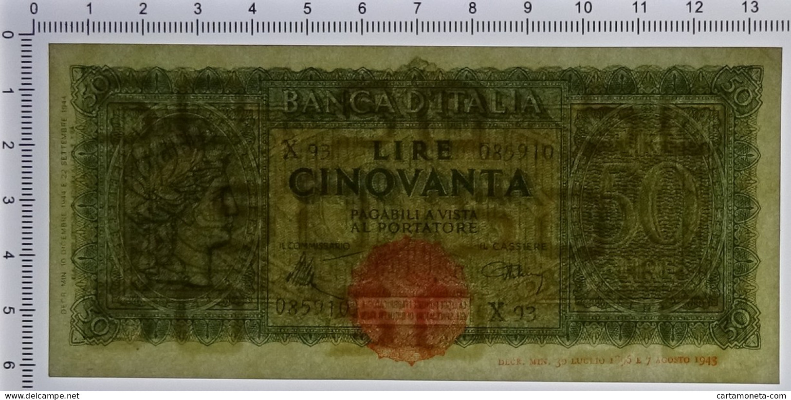 50 LIRE ITALIA TURRITA TESTINA 10/12/1944 SUP+ - Sonstige