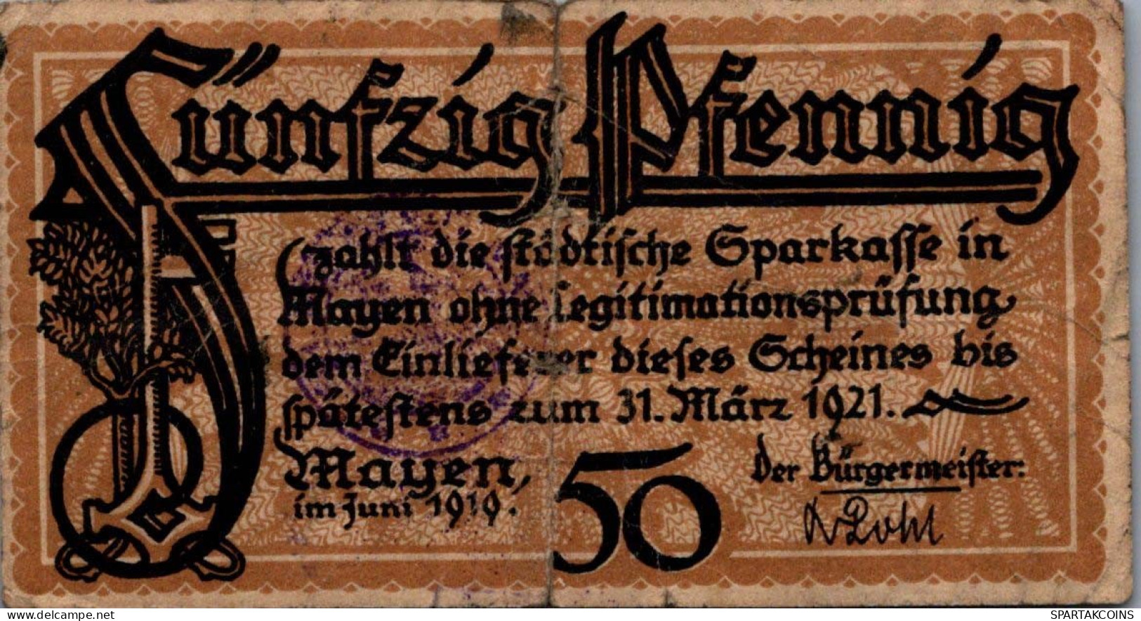 50 PFENNIG 1921 Stadt MAYEN Rhine DEUTSCHLAND Notgeld Banknote #PG434 - [11] Emisiones Locales