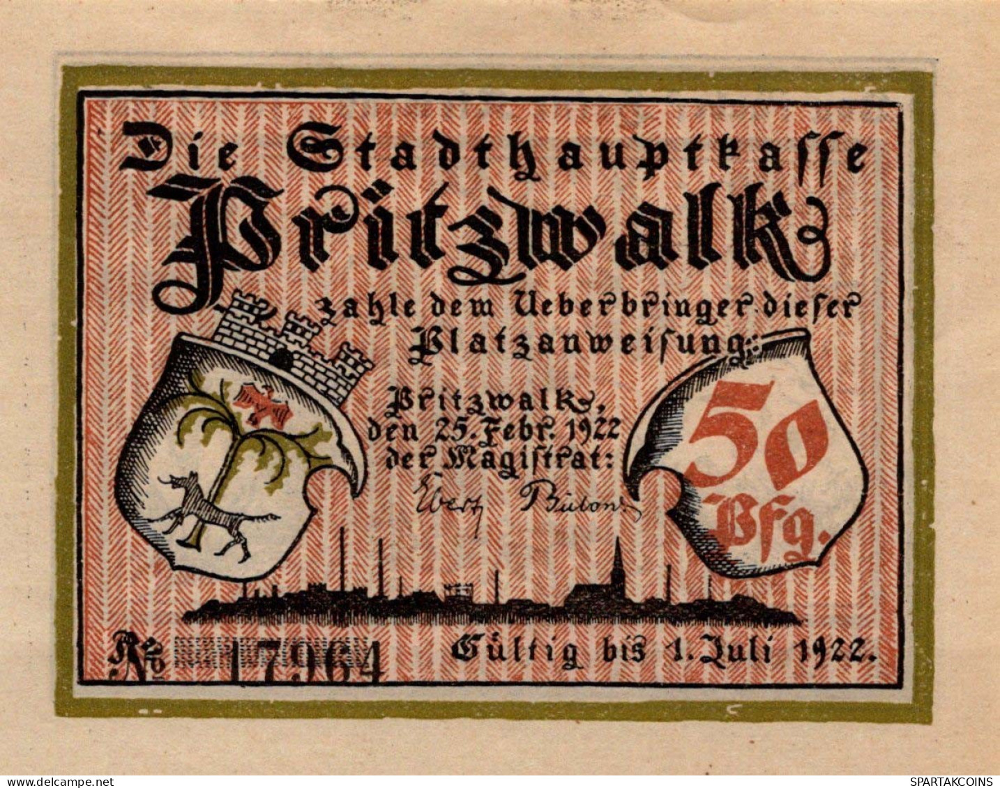 50 PFENNIG 1922 Stadt PRITZWALK Brandenburg UNC DEUTSCHLAND Notgeld #PB738 - Lokale Ausgaben