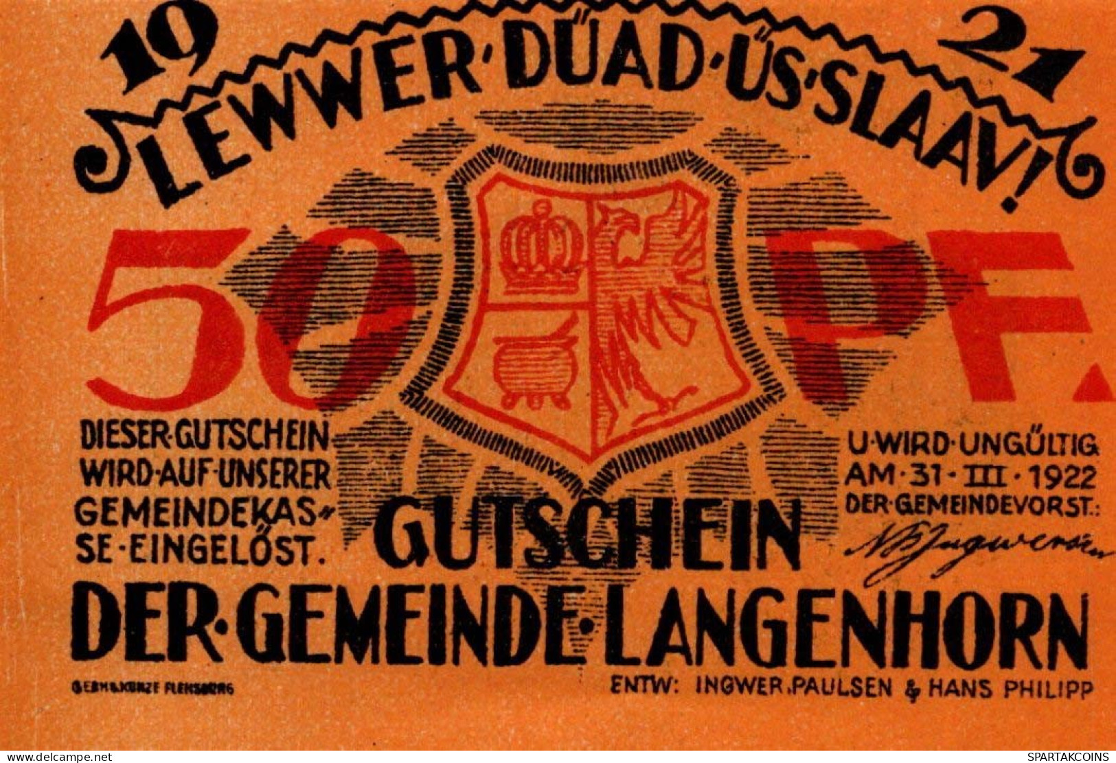 50 PFENNIG 1922 Stadt LANGENHORN IN NORDFRIESLAND UNC DEUTSCHLAND #PH660 - [11] Emissions Locales