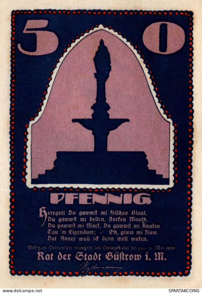 50 PFENNIG 1922 Stadt GÜSTROW Mecklenburg-Schwerin UNC DEUTSCHLAND #PI943 - Lokale Ausgaben