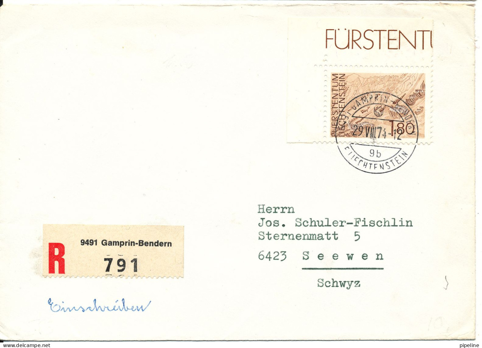 Liechtenstein Registered Cover Sent To Switzerland 29-8-1974 Single Franked - Lettres & Documents