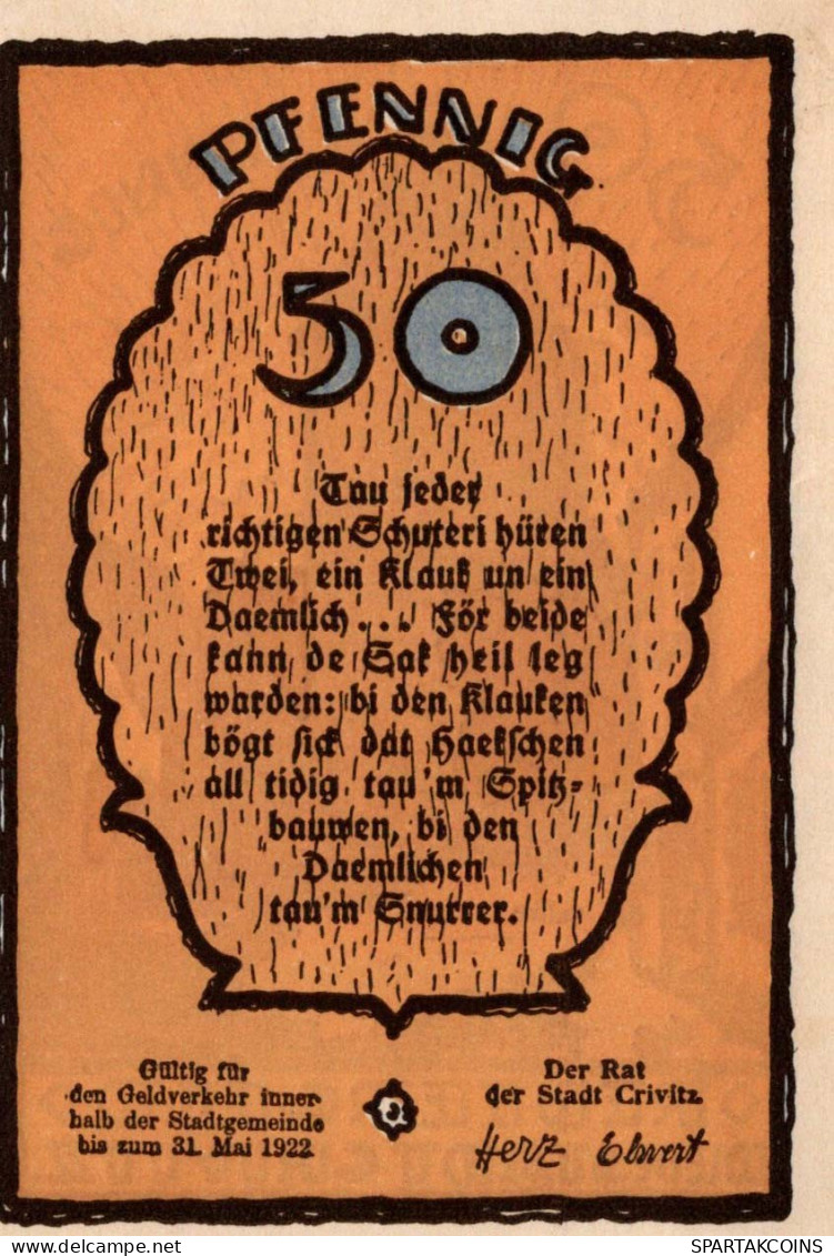 50 PFENNIG 1922 Stadt CRIVITZ Mecklenburg-Schwerin UNC DEUTSCHLAND #PA410 - Lokale Ausgaben