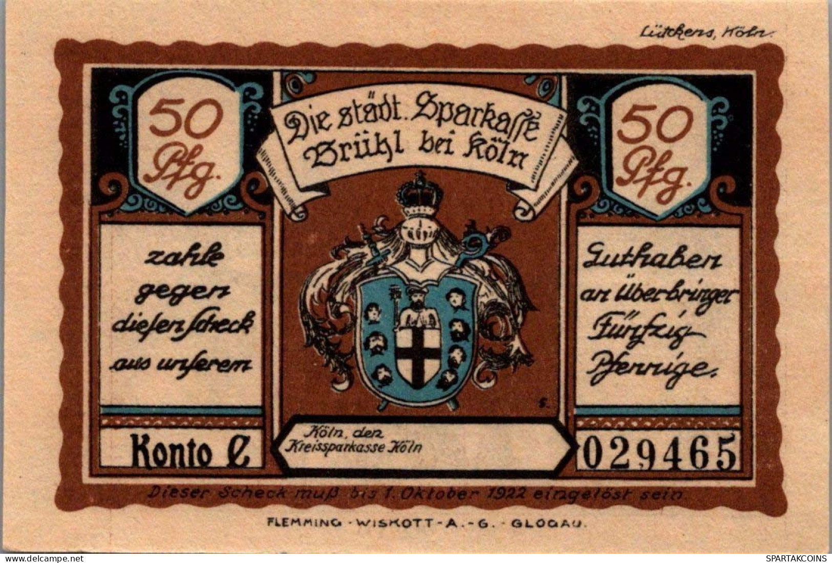 50 PFENNIG 1922 Stadt BRÜHL IM RHEINLAND Rhine UNC DEUTSCHLAND Notgeld #PA315 - [11] Local Banknote Issues