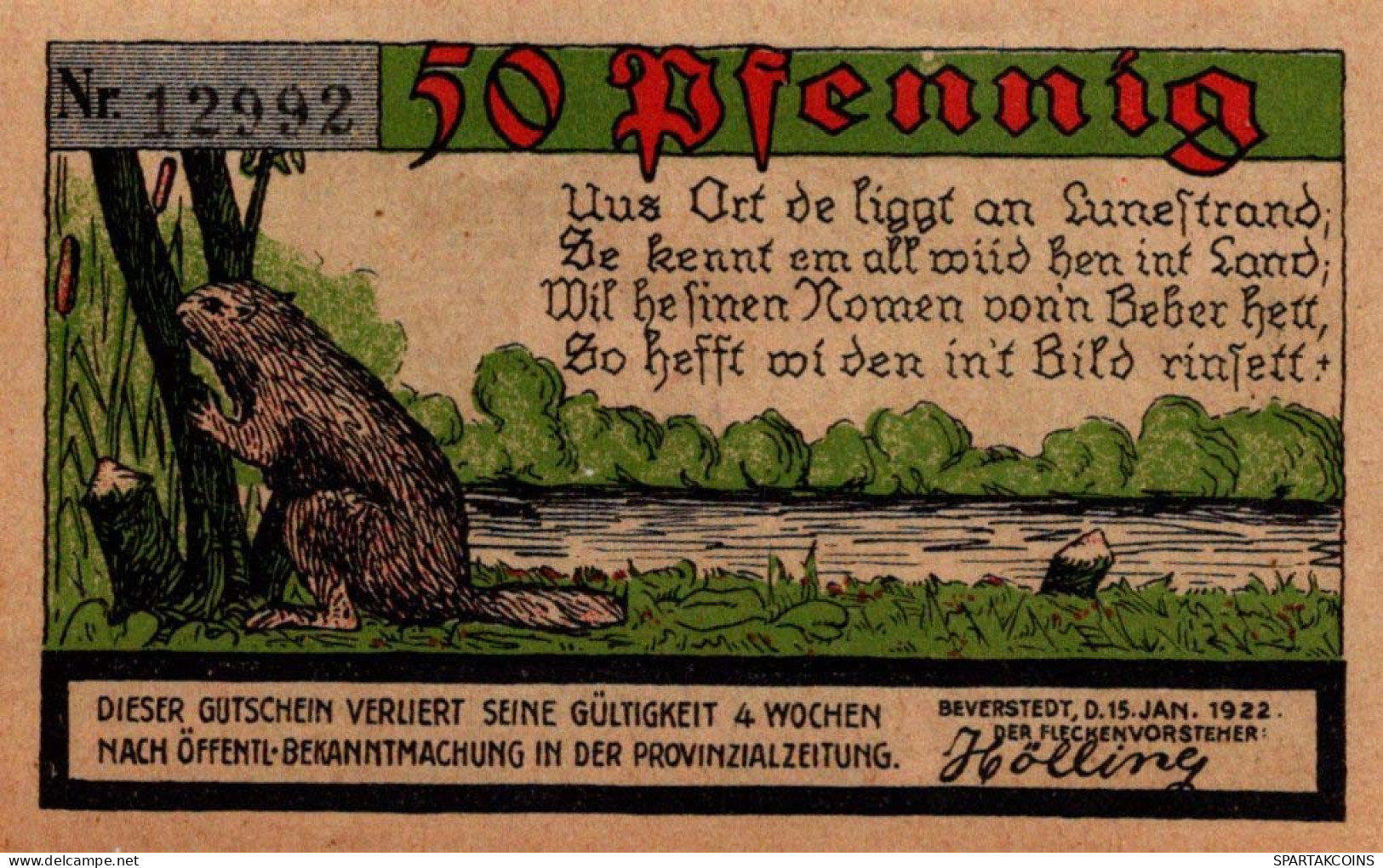 50 PFENNIG 1922 Stadt BEVERSTEDT Hanover DEUTSCHLAND Notgeld Banknote #PF811 - [11] Emissions Locales