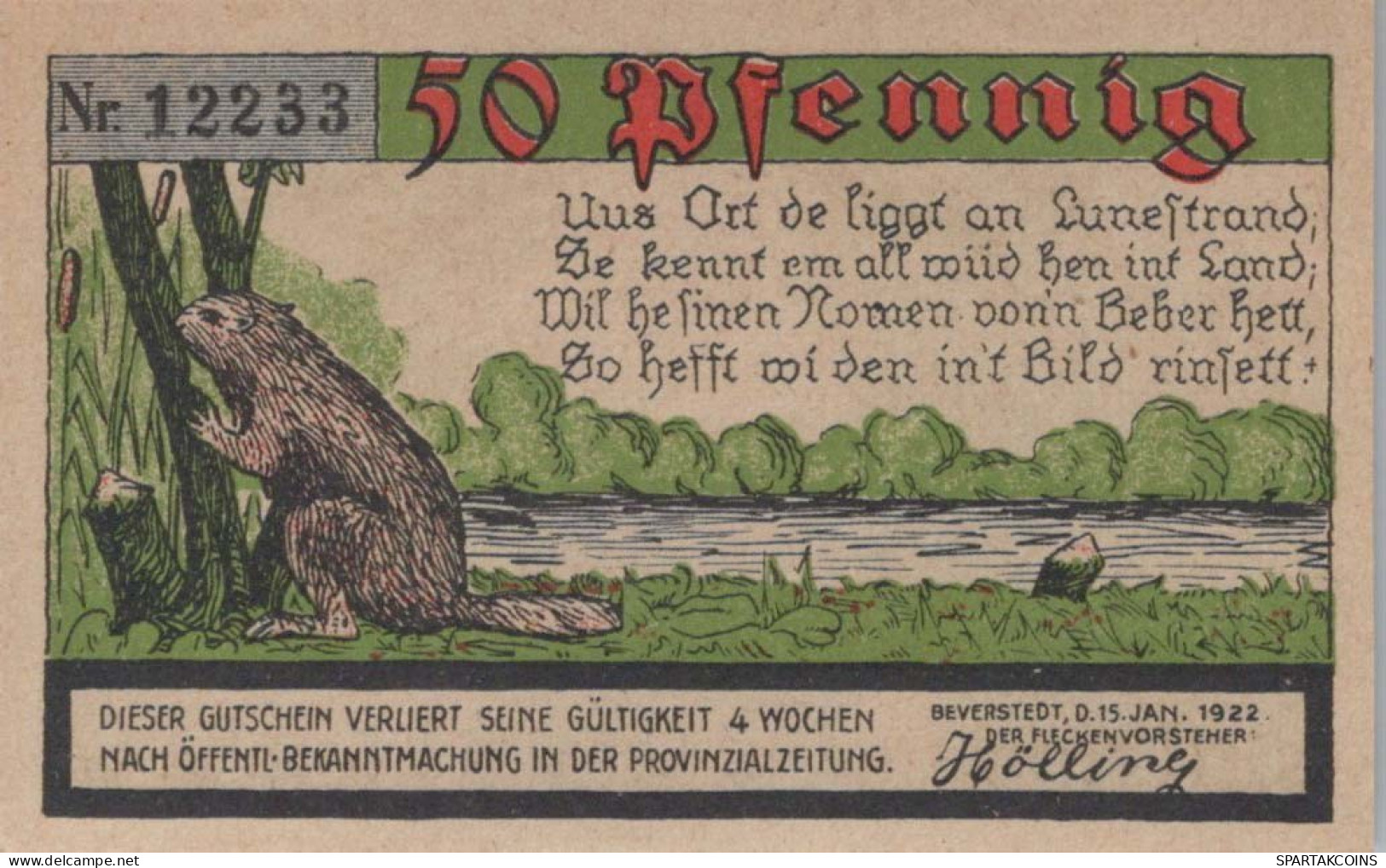 50 PFENNIG 1922 Stadt BEVERSTEDT Hanover UNC DEUTSCHLAND Notgeld Banknote #PA209 - [11] Local Banknote Issues