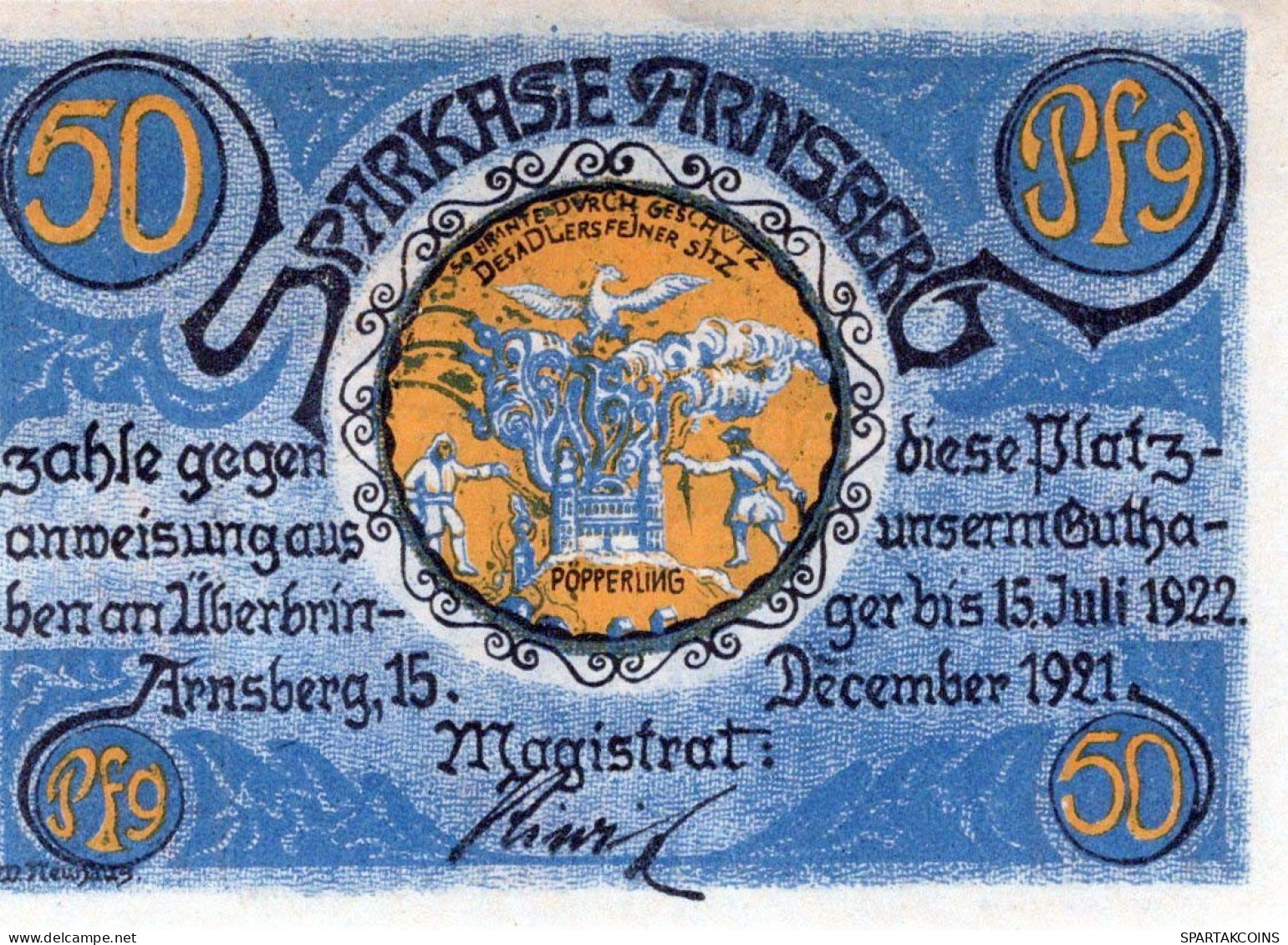 50 PFENNIG 1922 Stadt ARNSBERG Westphalia DEUTSCHLAND Notgeld Banknote #PF796 - Lokale Ausgaben