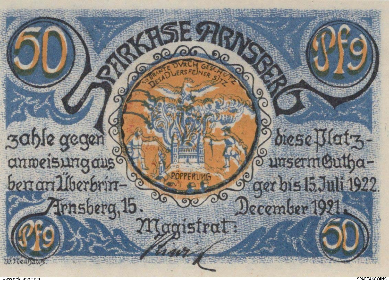 50 PFENNIG 1922 Stadt ARNSBERG Westphalia DEUTSCHLAND Notgeld Banknote #PF733 - [11] Emissions Locales