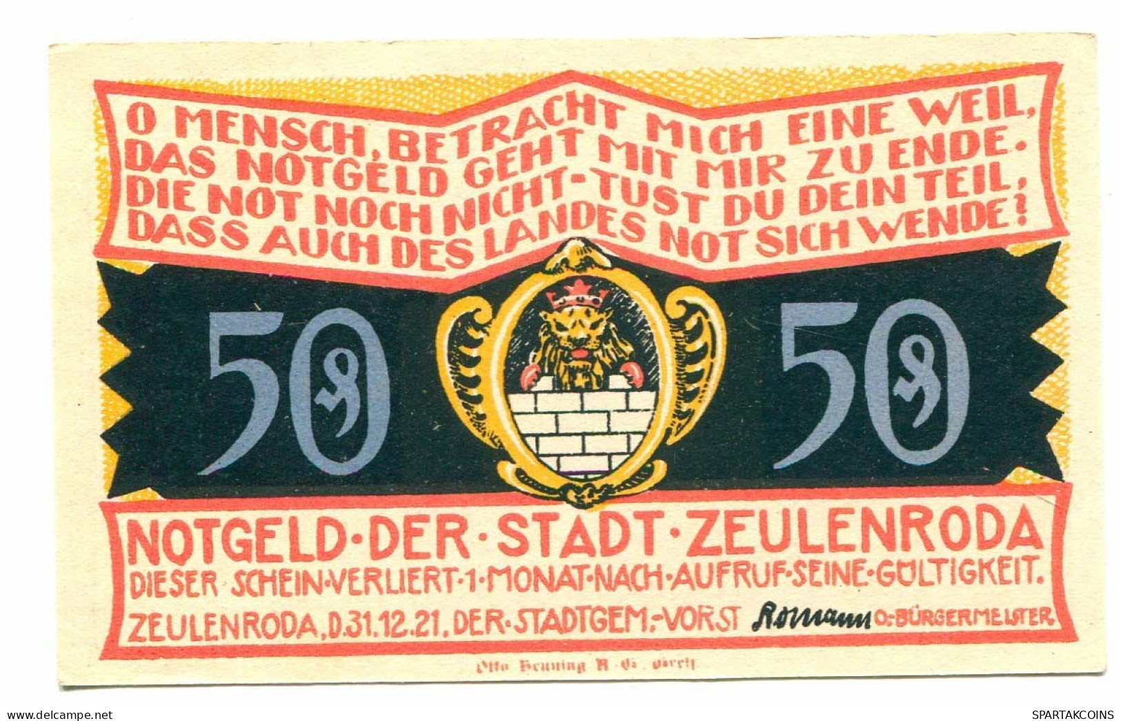 50 Pfennig 1921 ZEULENRODA DEUTSCHLAND UNC Notgeld Papiergeld Banknote #P10601 - [11] Local Banknote Issues