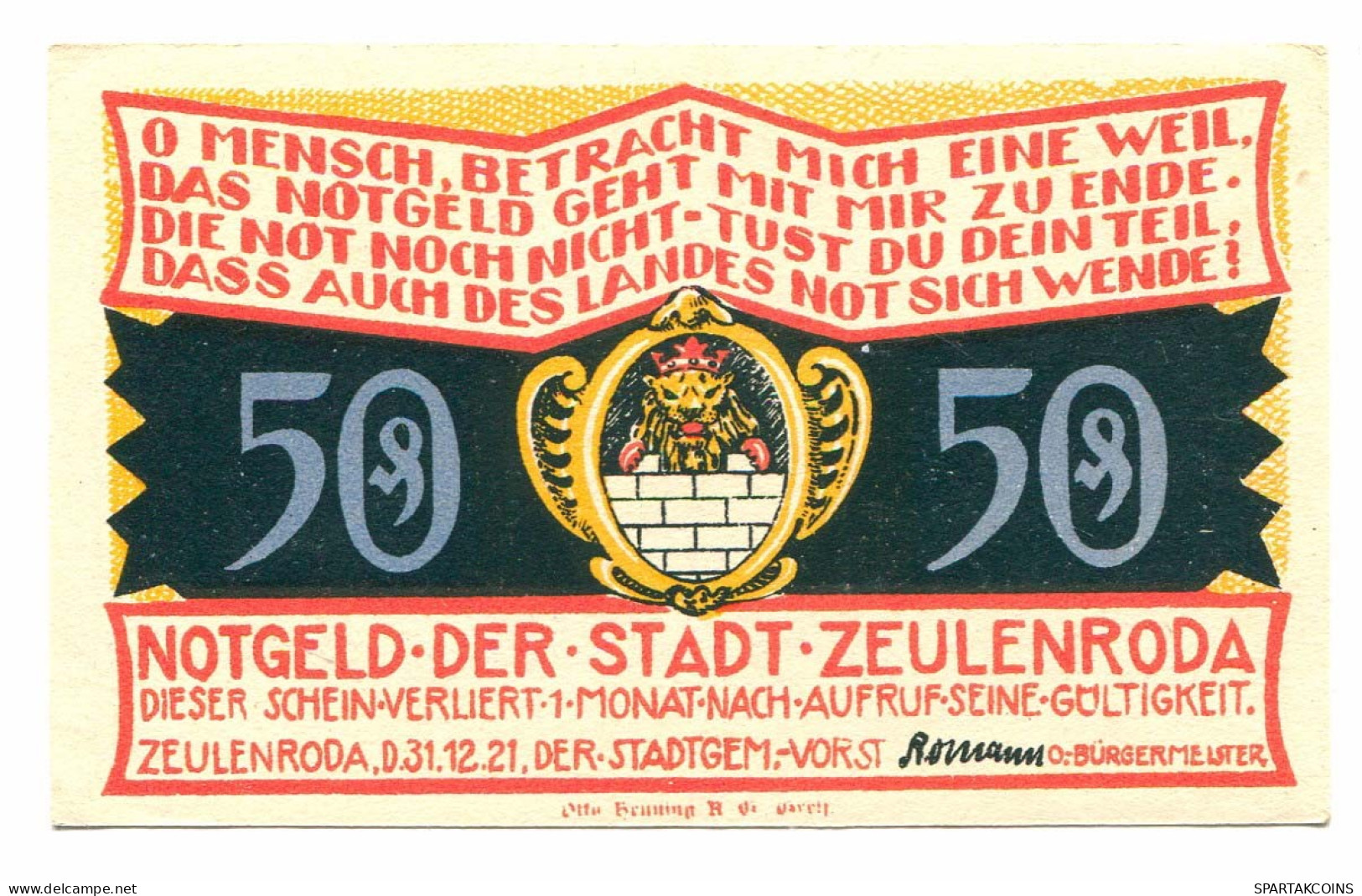 50 Pfennig 1921 ZEULENRODA DEUTSCHLAND UNC Notgeld Papiergeld Banknote #P10602 - [11] Local Banknote Issues