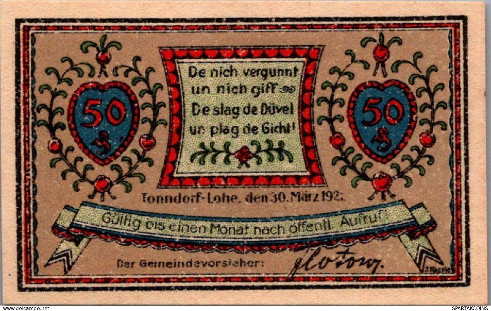 50 PFENNIG 1921 Stadt TONNDORF-LOHE Schleswig-Holstein DEUTSCHLAND #PG286 - [11] Local Banknote Issues