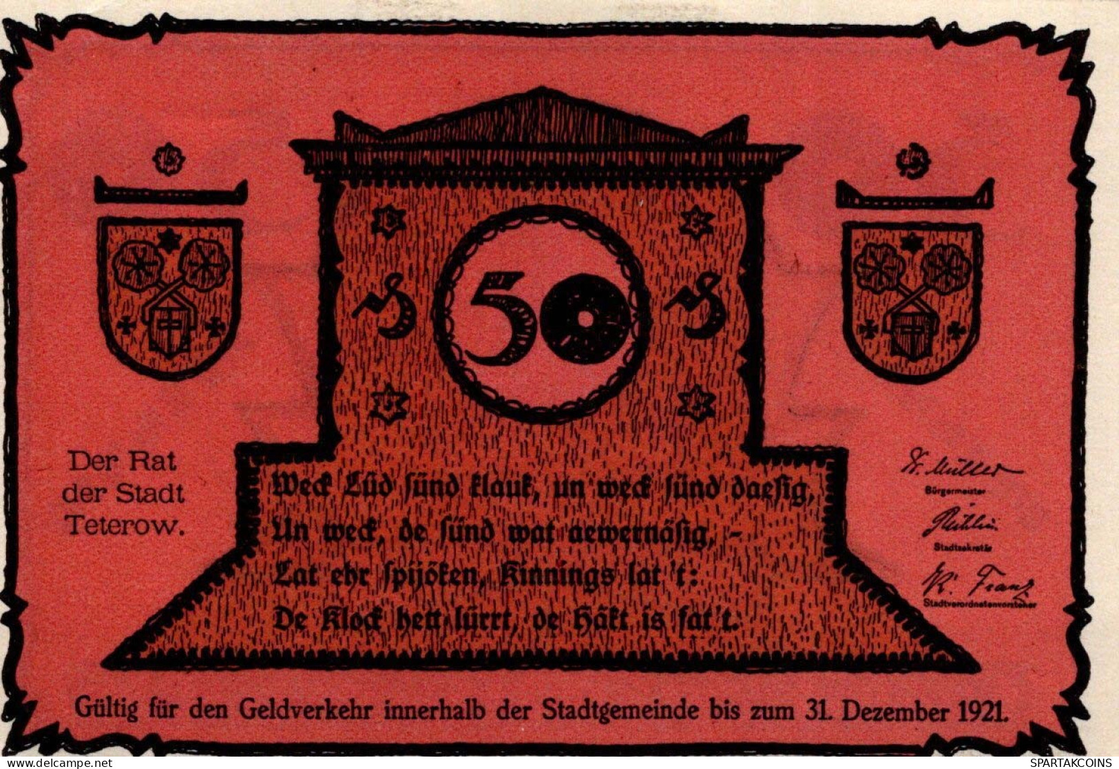 50 PFENNIG 1921 Stadt TETEROW Mecklenburg-Schwerin UNC DEUTSCHLAND #PJ062 - [11] Emisiones Locales