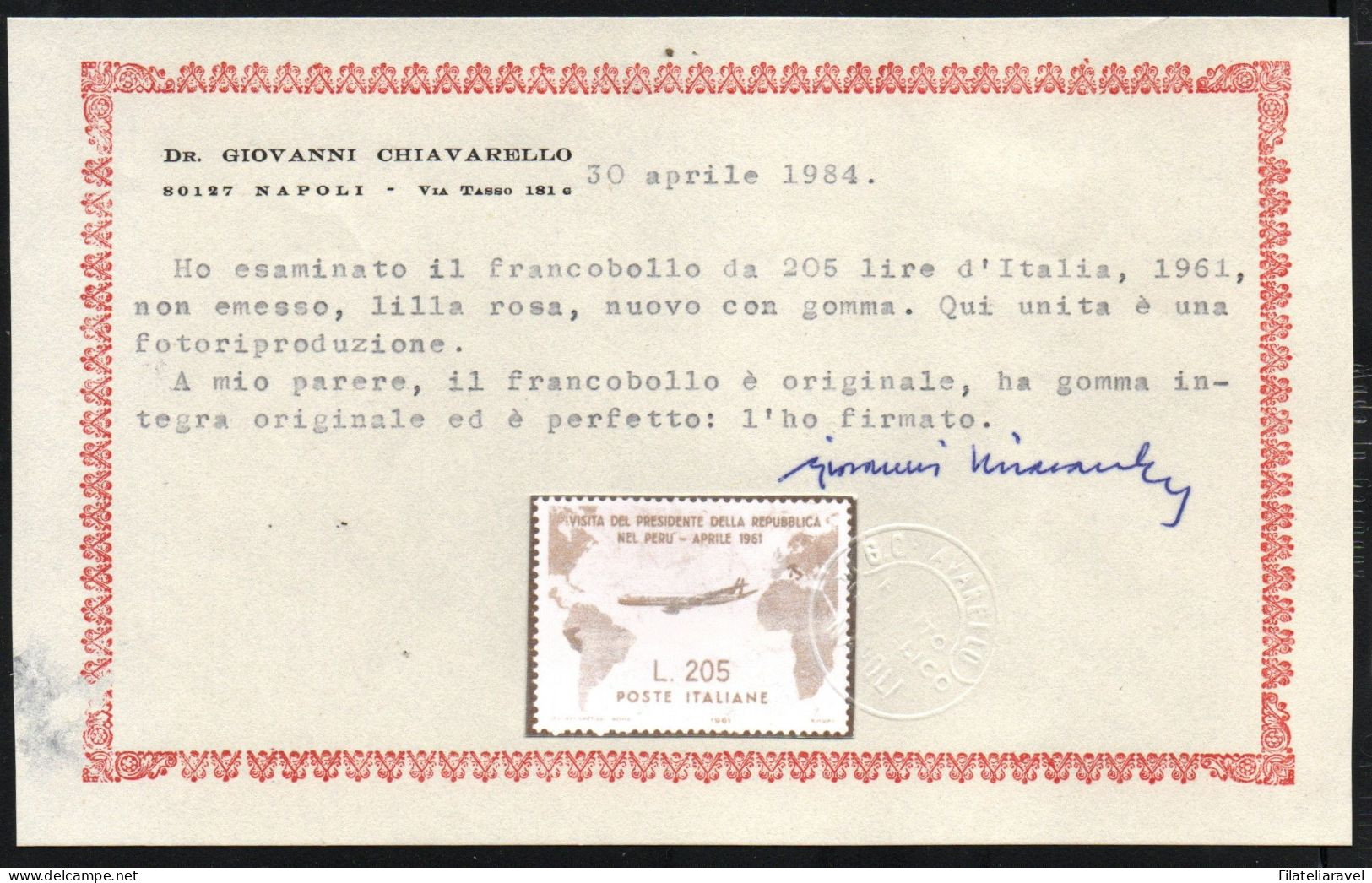 ITALIA REPUBBLICA - 1961 GRONCHI ROSA 205 Lire Rosa-lilla,gomma Ingiallita. Certificata. - 1961-70: Mint/hinged