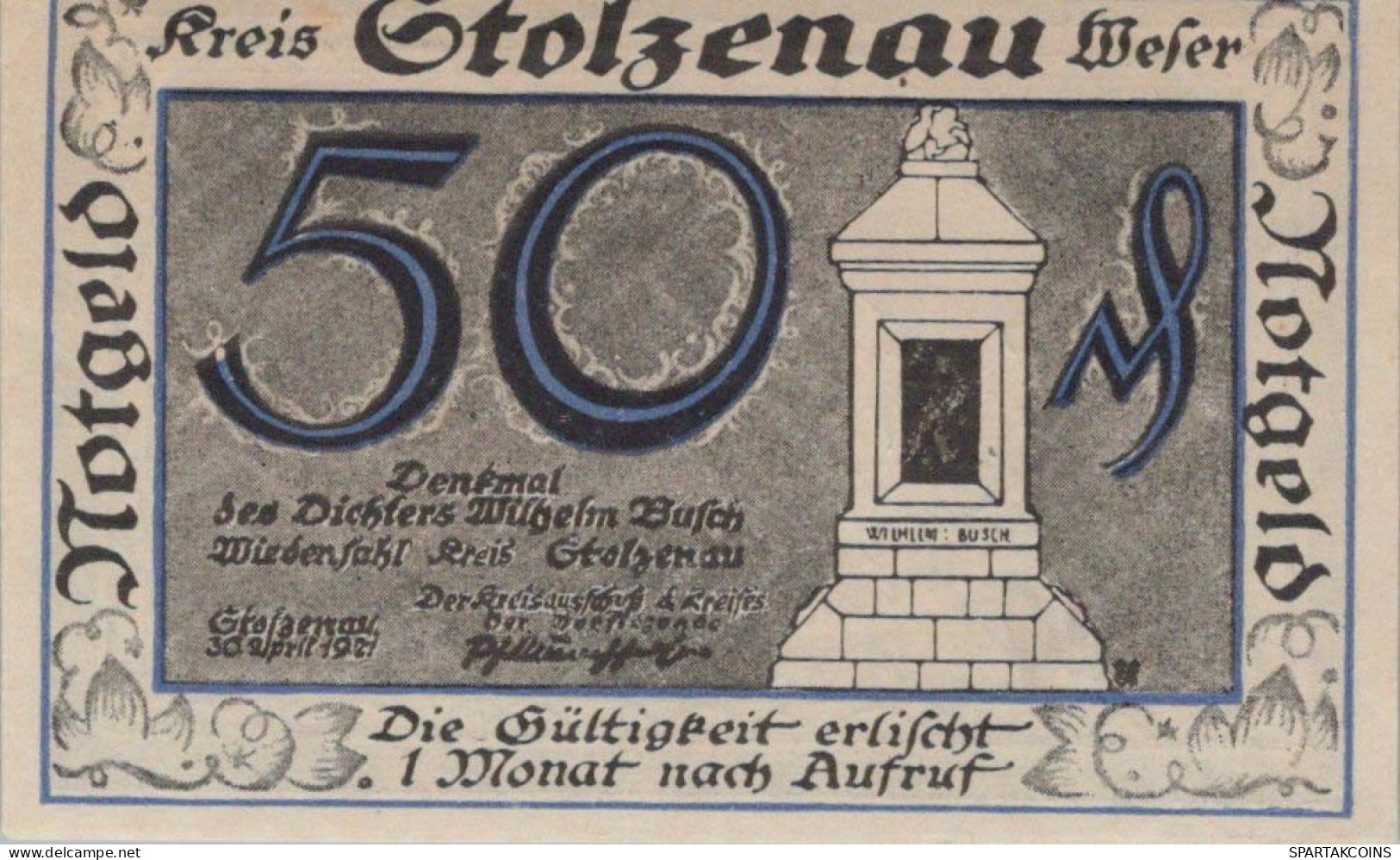 50 PFENNIG 1921 Stadt STOLZENAU Hanover DEUTSCHLAND Notgeld Banknote #PG177 - [11] Local Banknote Issues