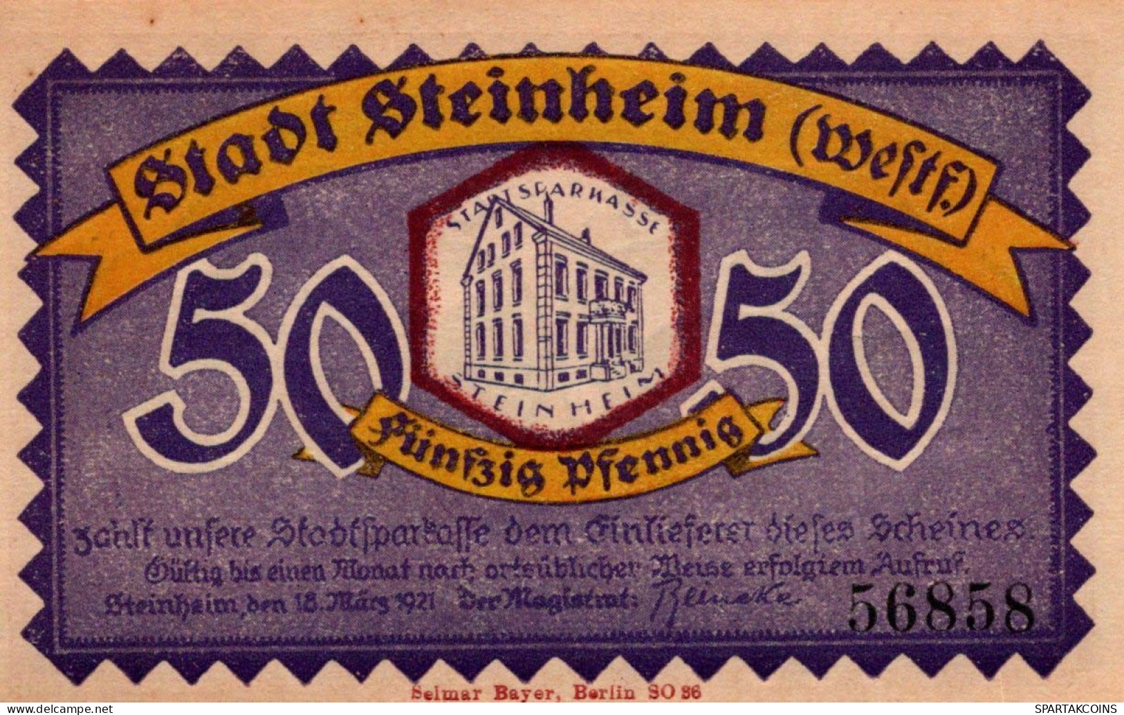 50 PFENNIG 1921 Stadt STEINHEIM IN WESTFALEN Westphalia UNC DEUTSCHLAND #PI979 - [11] Emissions Locales