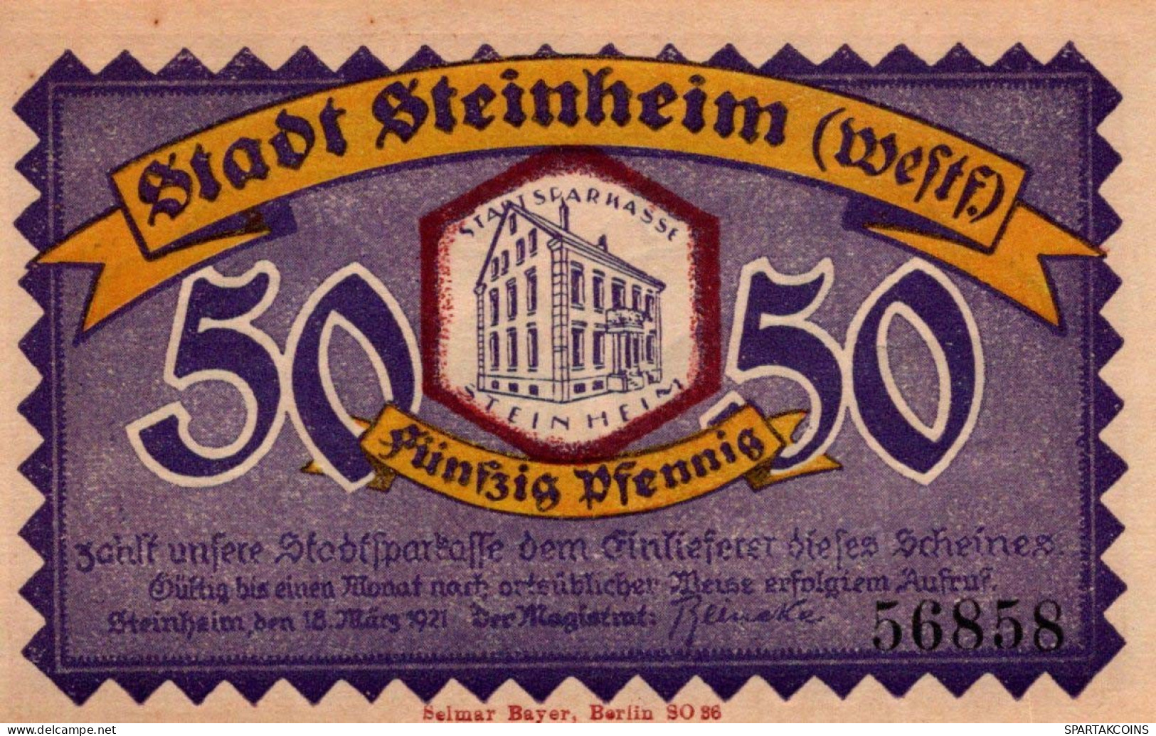 50 PFENNIG 1921 Stadt STEINHEIM IN WESTFALEN Westphalia UNC DEUTSCHLAND #PI979 - Lokale Ausgaben