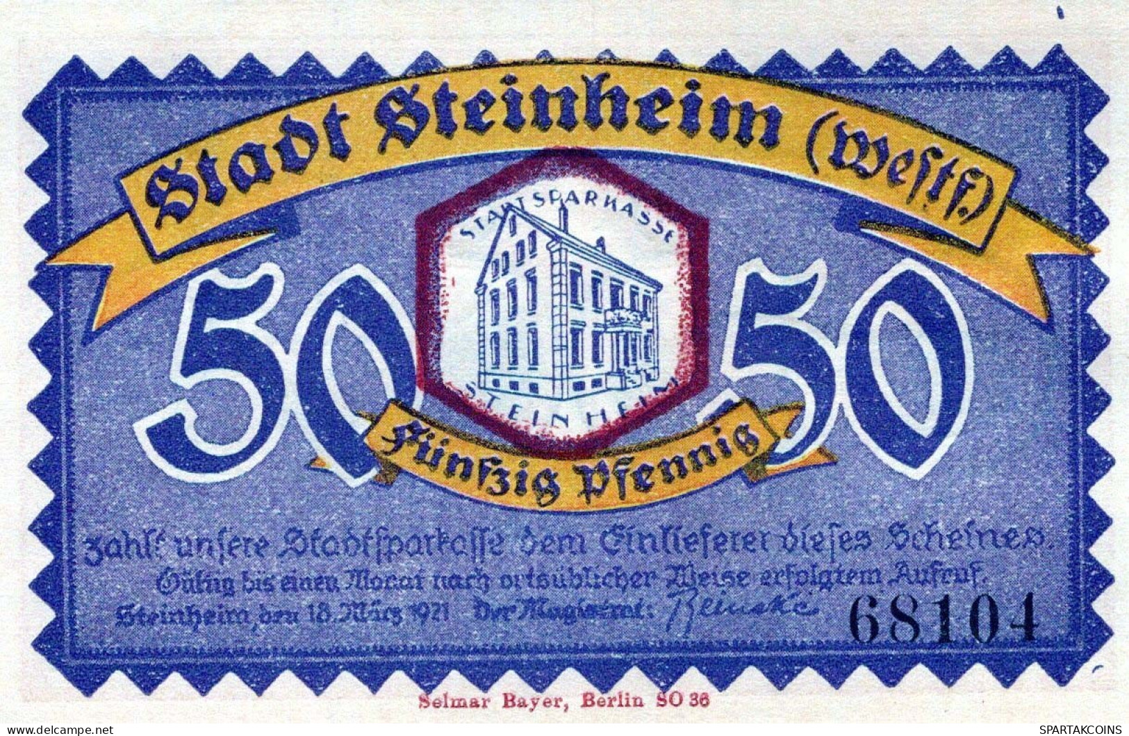 50 PFENNIG 1921 Stadt STEINHEIM IN WESTFALEN Westphalia UNC DEUTSCHLAND #PI962 - [11] Emissions Locales