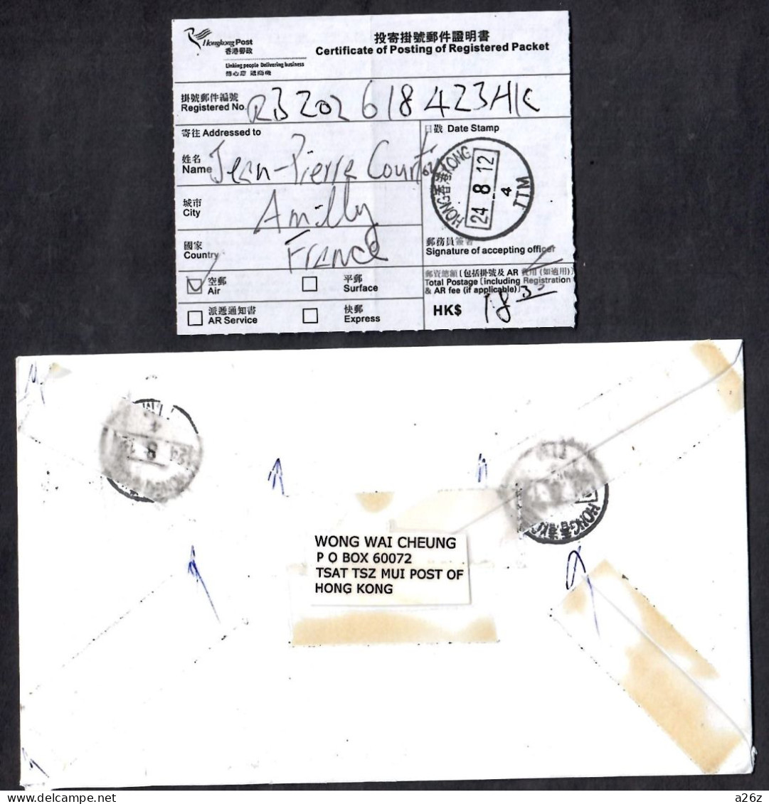 Hong Kong 2012 Register Cover To France With Receipt - Lettres & Documents