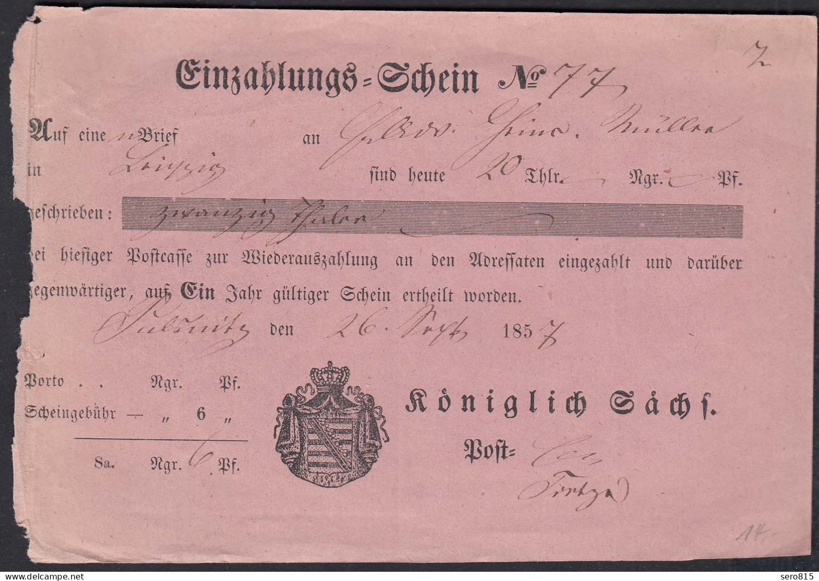Sachsen 1857 Post-Einlzahlungs-Schein 20 Thaler Leipzig - Pulnitz   (23098 - Other & Unclassified