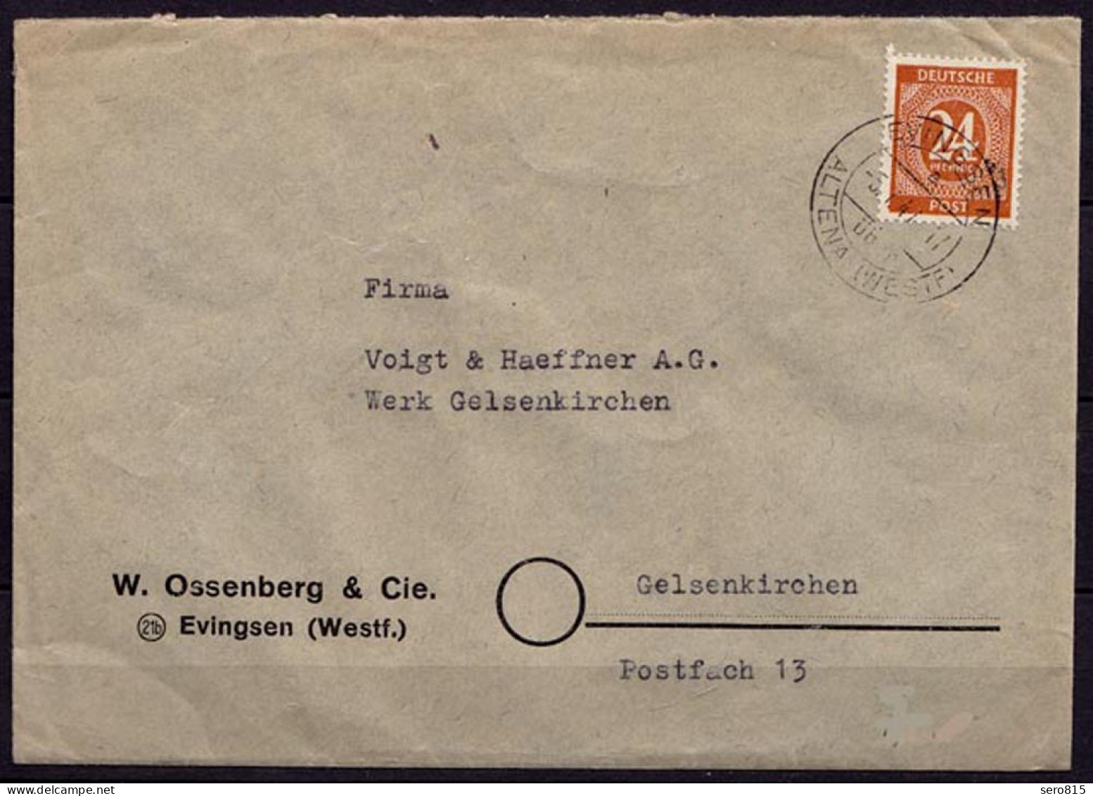 EVINGSEN üben ALTENA 1947 Bedarfsbrief EF 24 Pfg.Mi.925 N.Gelsenkirchen   (6913 - Other & Unclassified